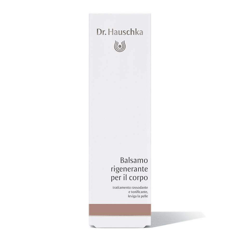 Confezione del prodotto. Scritta: Dr. Hauschka, Balsamo rigenerante per il corpo, trattamento, leviga la pelle.