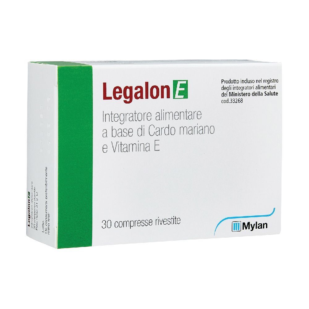 Boîte blanche avec accent vert. Inscription Legalon E, 30 comprimés. Contient du chardon-marie et de la vitamine E. Logo Mylan.
