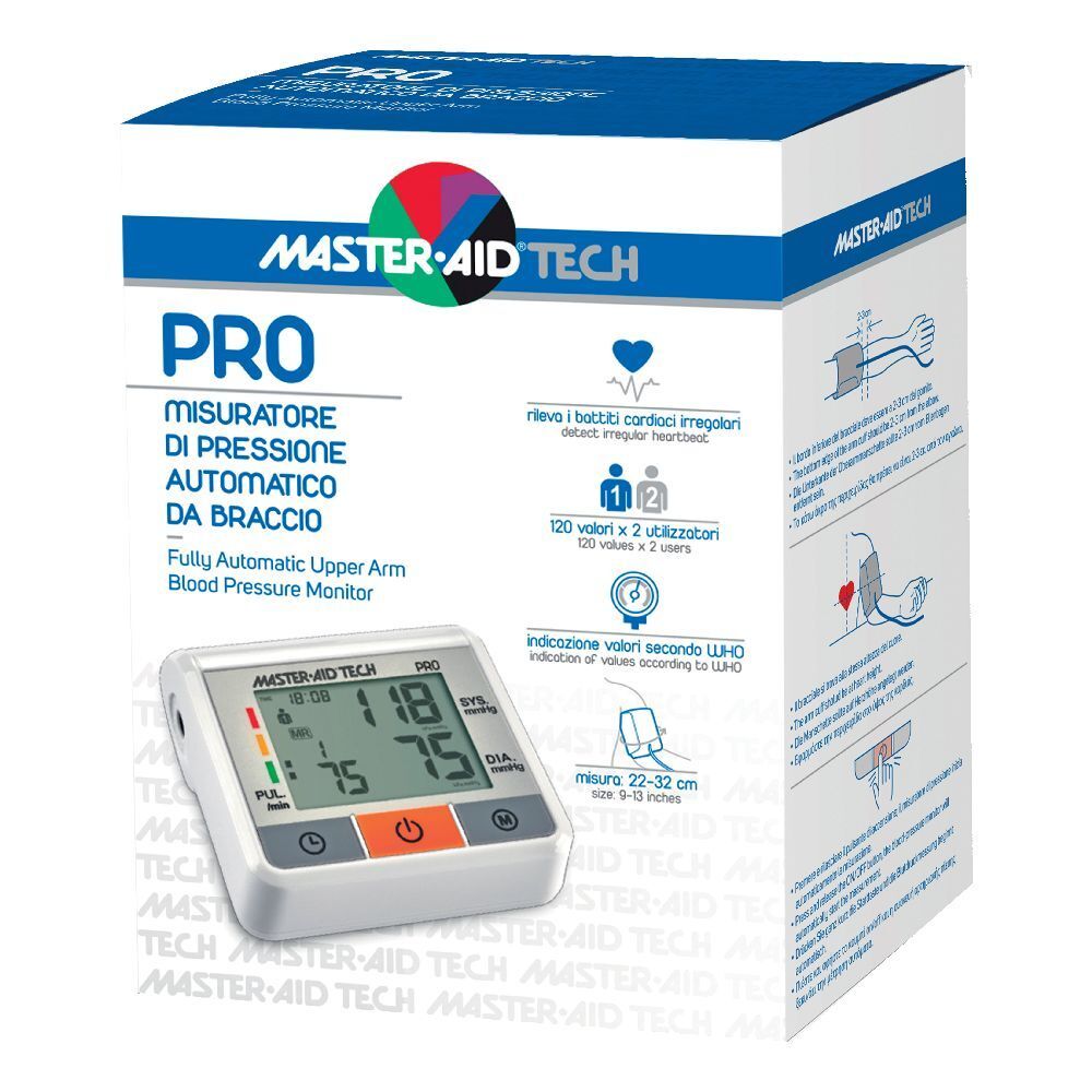 Misuratore di pressione con display e confezione. Visualizzazione dei valori. Marchio: Master Aid Tech Pro.
