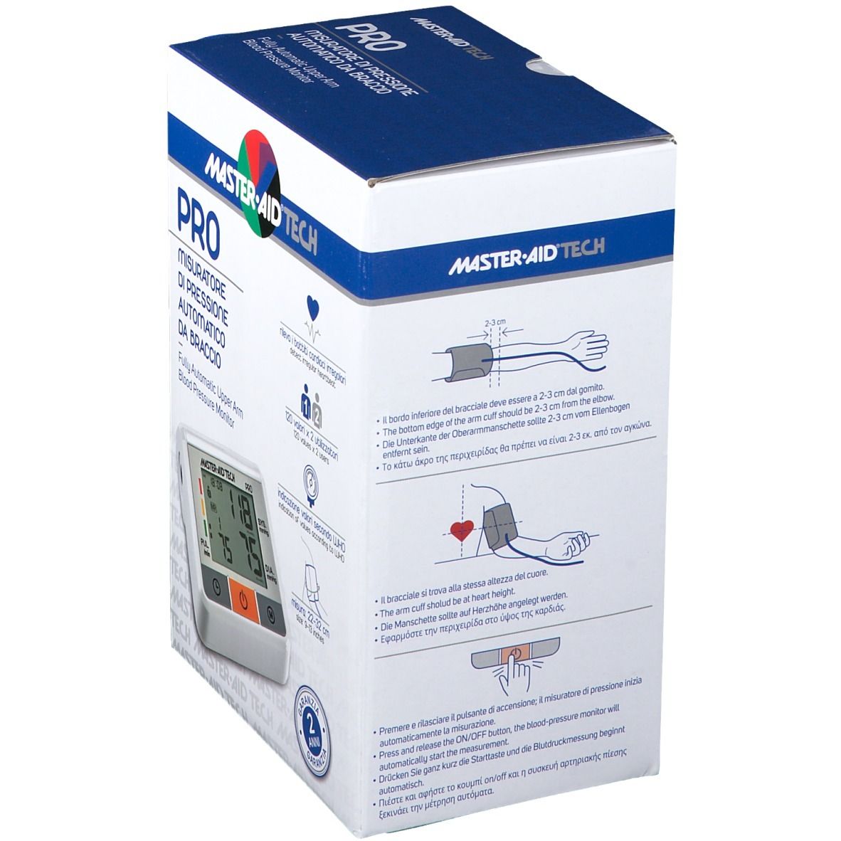 Confezione del misuratore di pressione. Illustrazioni per l'uso. Marchio: Master Aid Tech Pro.