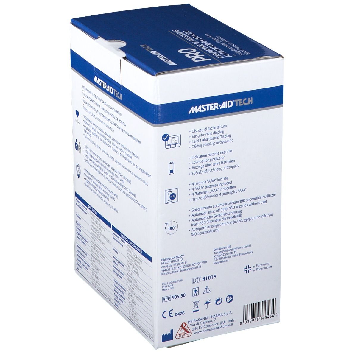 Confezione del misuratore di pressione. Informazioni e simboli. Marchio: Master Aid Tech Pro.