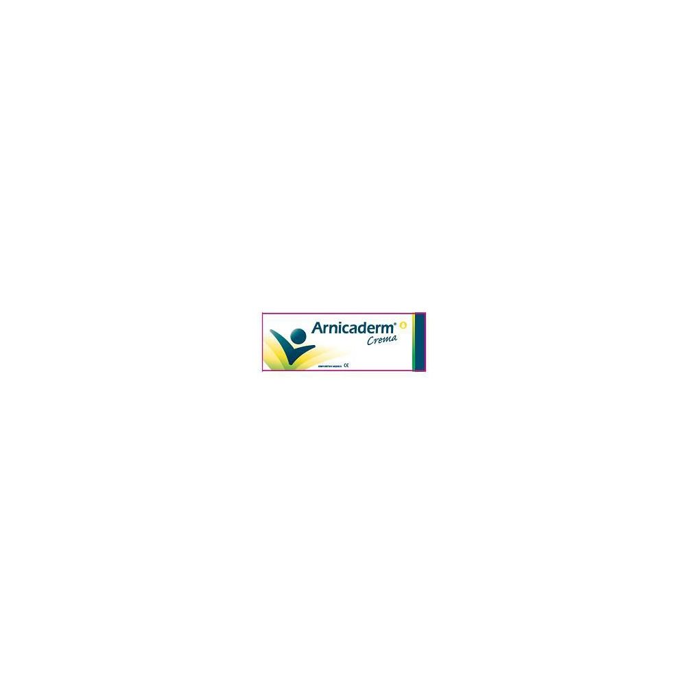 Confezione del prodotto Arnicaderm. Testo: Crema. Logo verde e giallo. Sfondo blu.