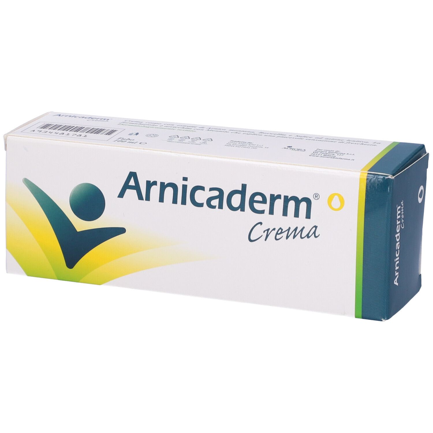 Confezione Arnicaderm. Bianca con accenti blu-verdi. Logo e testo: Arnicaderm Crema. Vista prospettica.