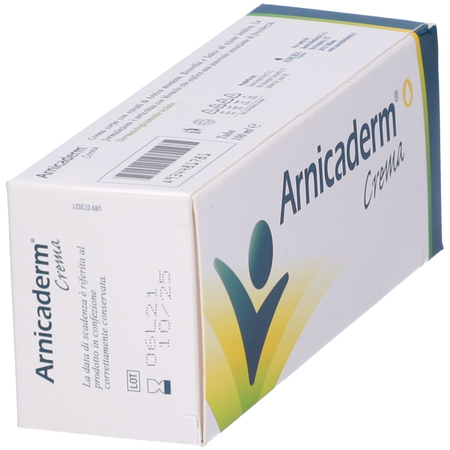 Confezione Arnicaderm. Bianca con accenti blu-verdi. Logo e testo: Arnicaderm Crema. Vista laterale con testo.