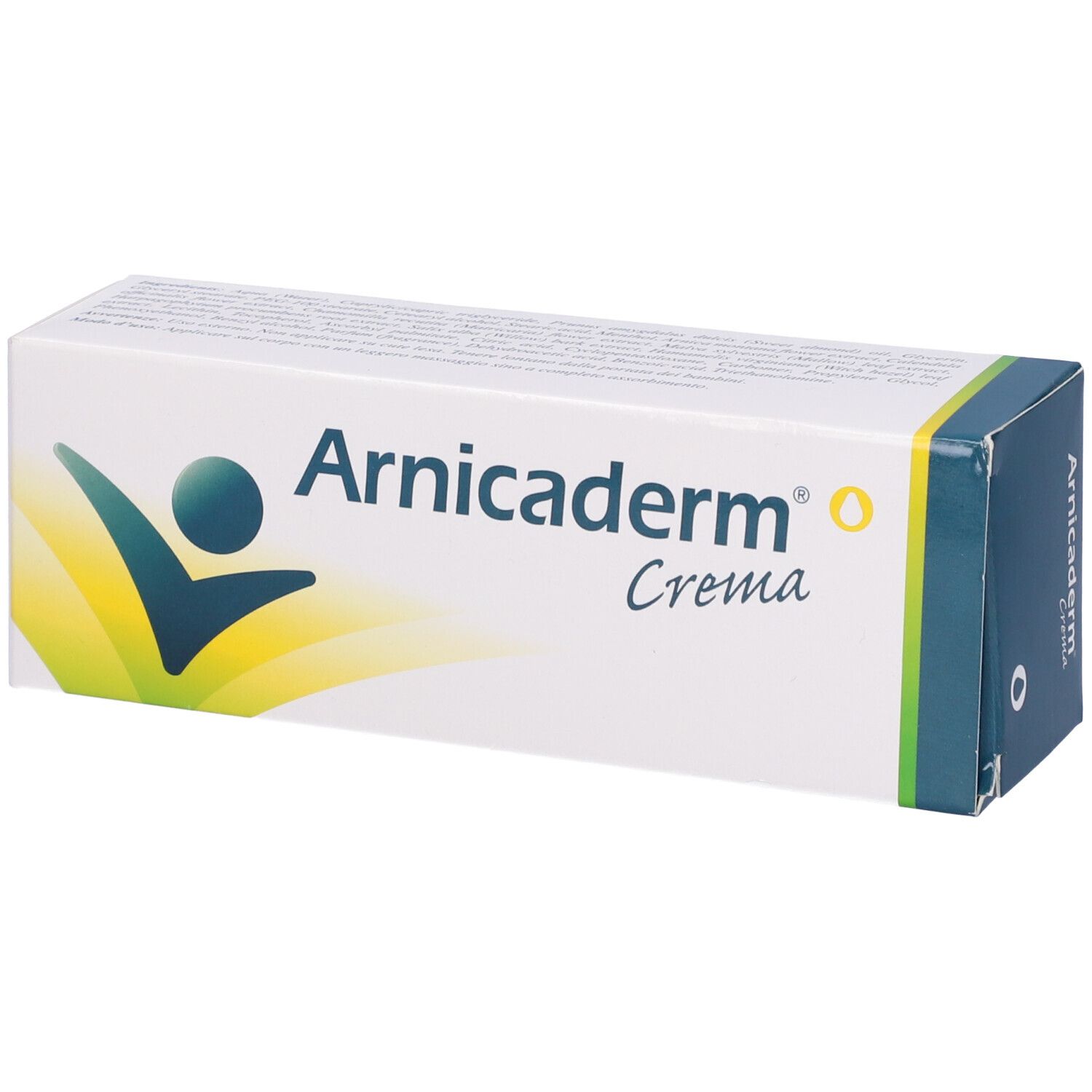 Confezione Arnicaderm. Bianca con accenti blu-verdi. Logo e testo: Arnicaderm Crema. Vista prospettica.