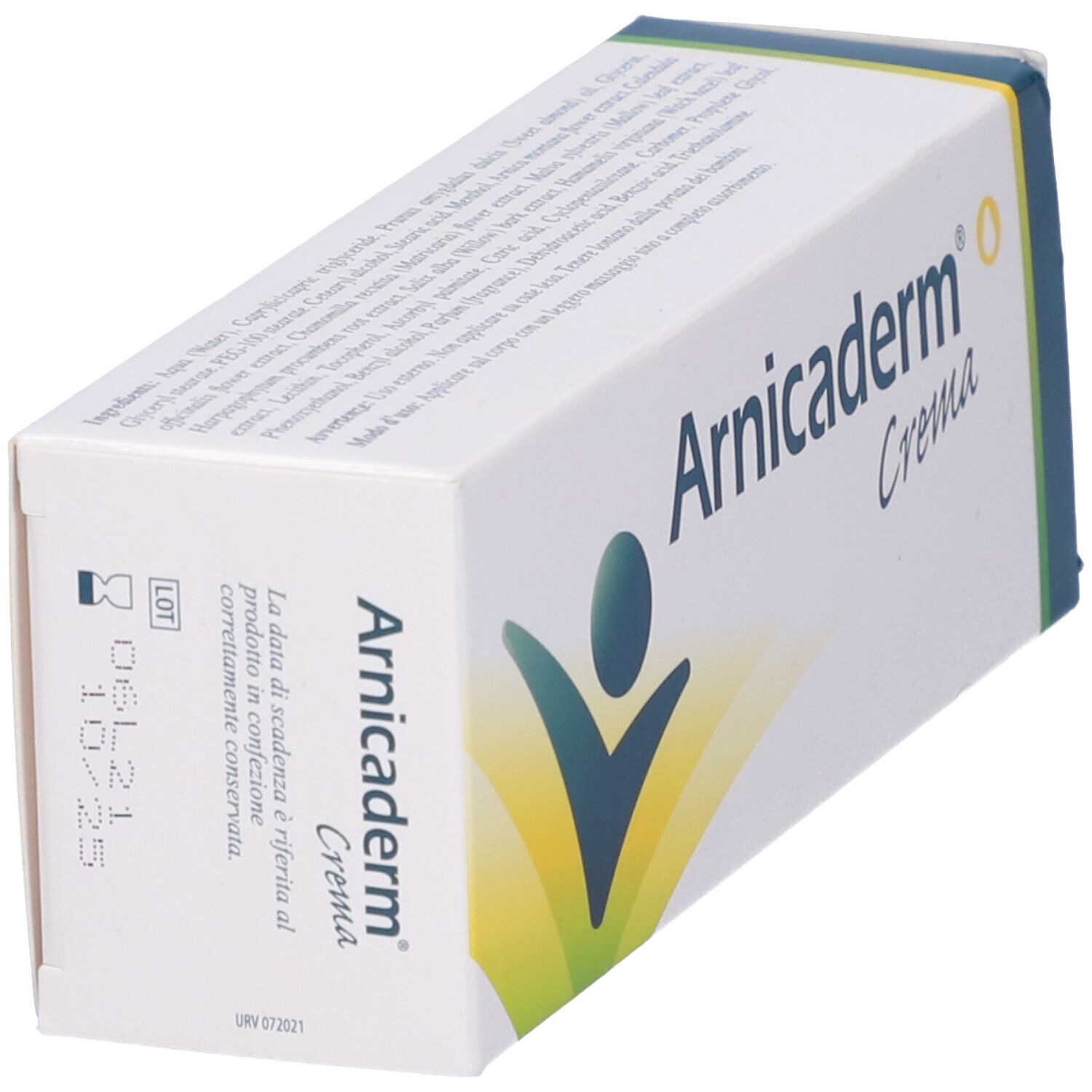 Confezione Arnicaderm. Bianca con accenti blu-verdi. Logo e testo: Arnicaderm Crema. Vista prospettica.