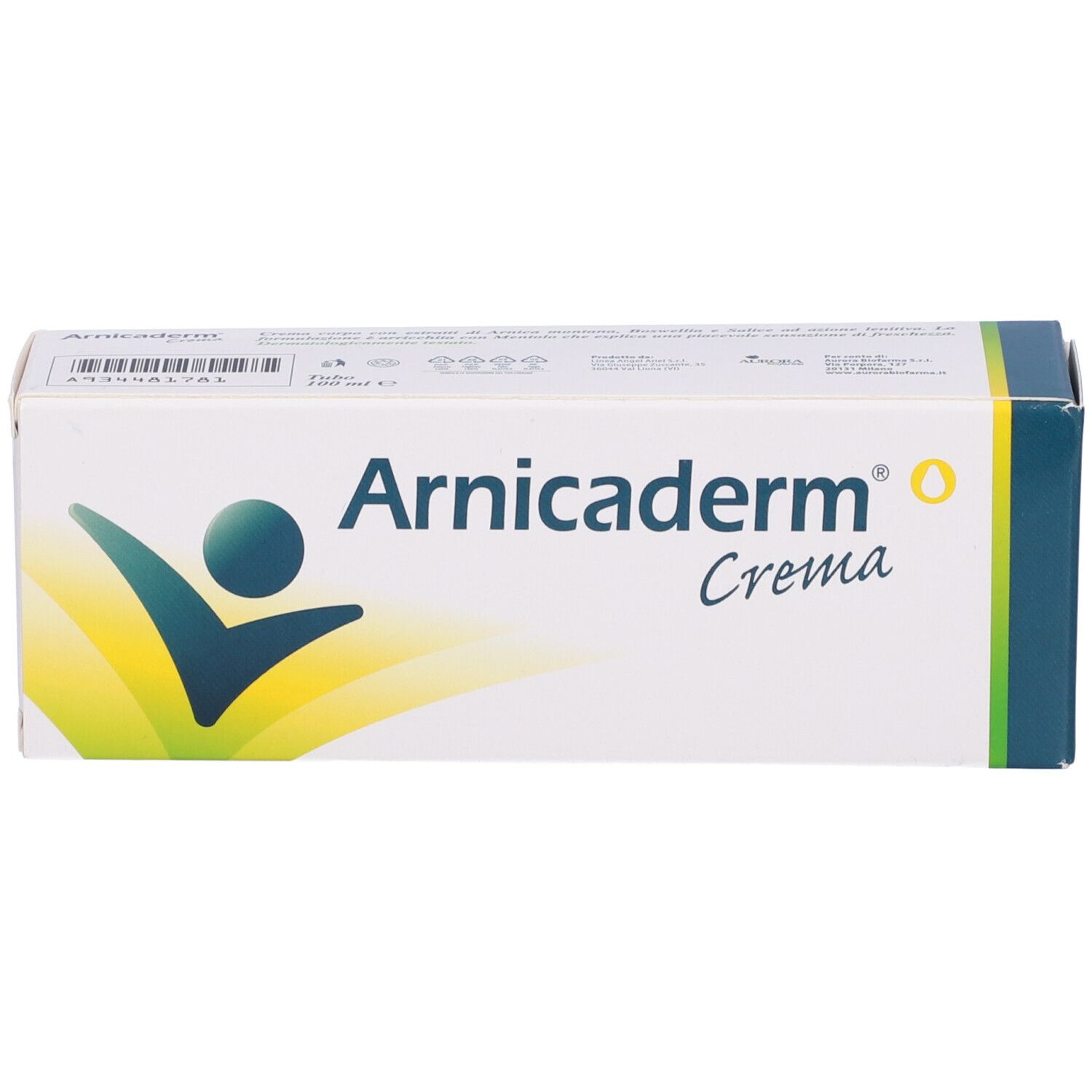 Confezione Arnicaderm. Bianca con accenti blu-verdi. Logo e testo: Arnicaderm Crema. Vista prospettica.