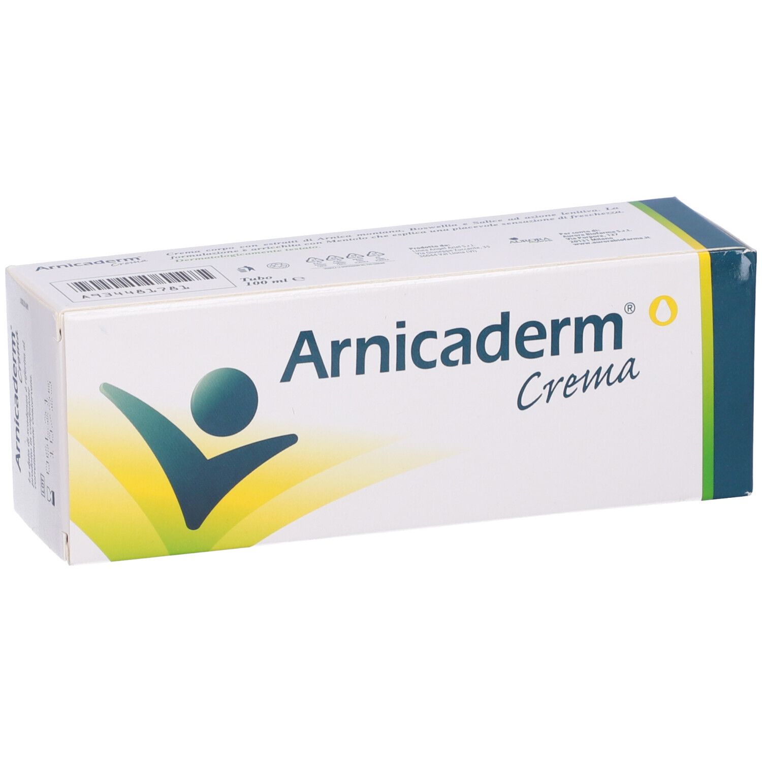 Confezione Arnicaderm. Bianca con accenti blu-verdi. Logo e testo: Arnicaderm Crema. Vista prospettica.