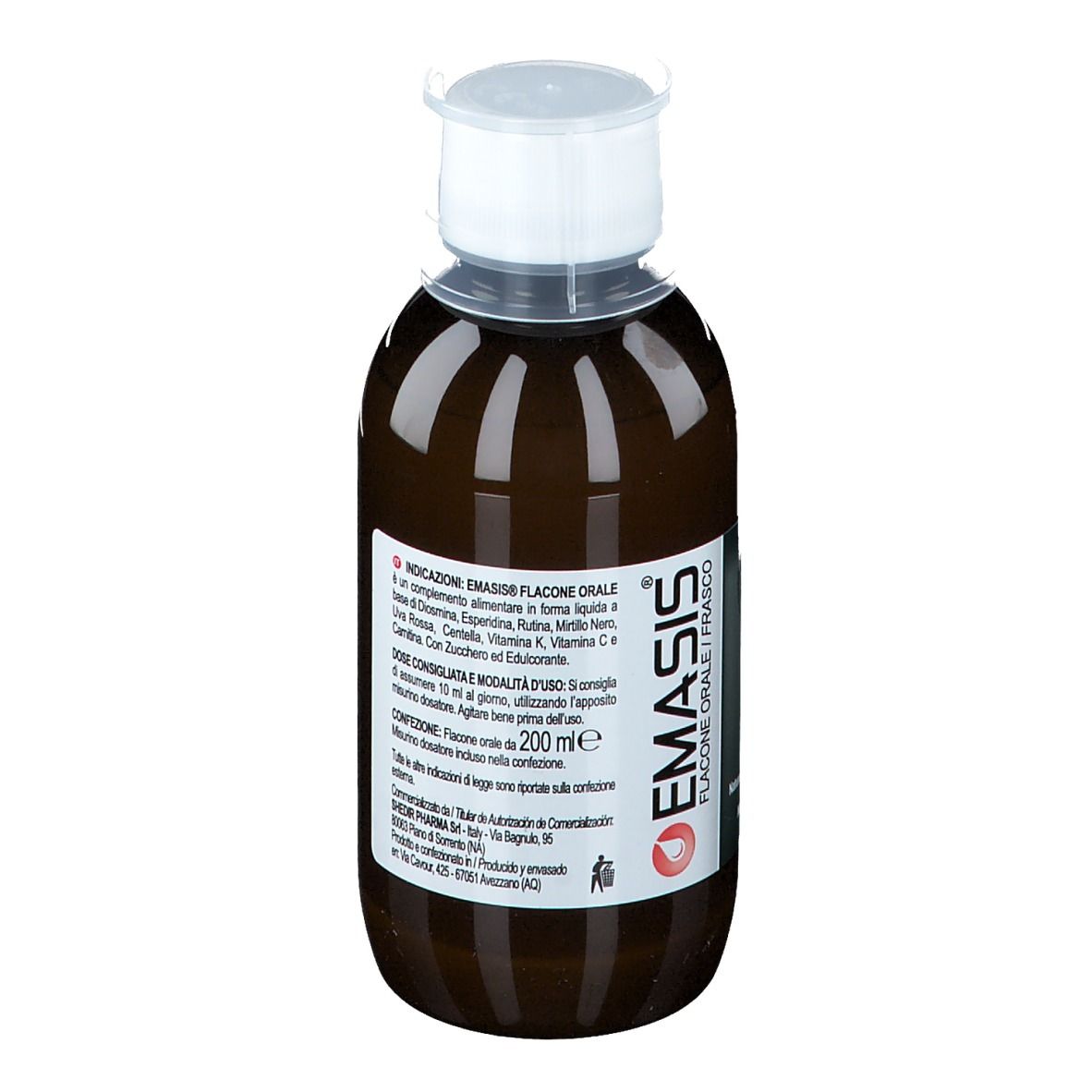 Flacon brun avec bouchon blanc. Inscription Emasis. Étiquette avec informations sur le produit.
