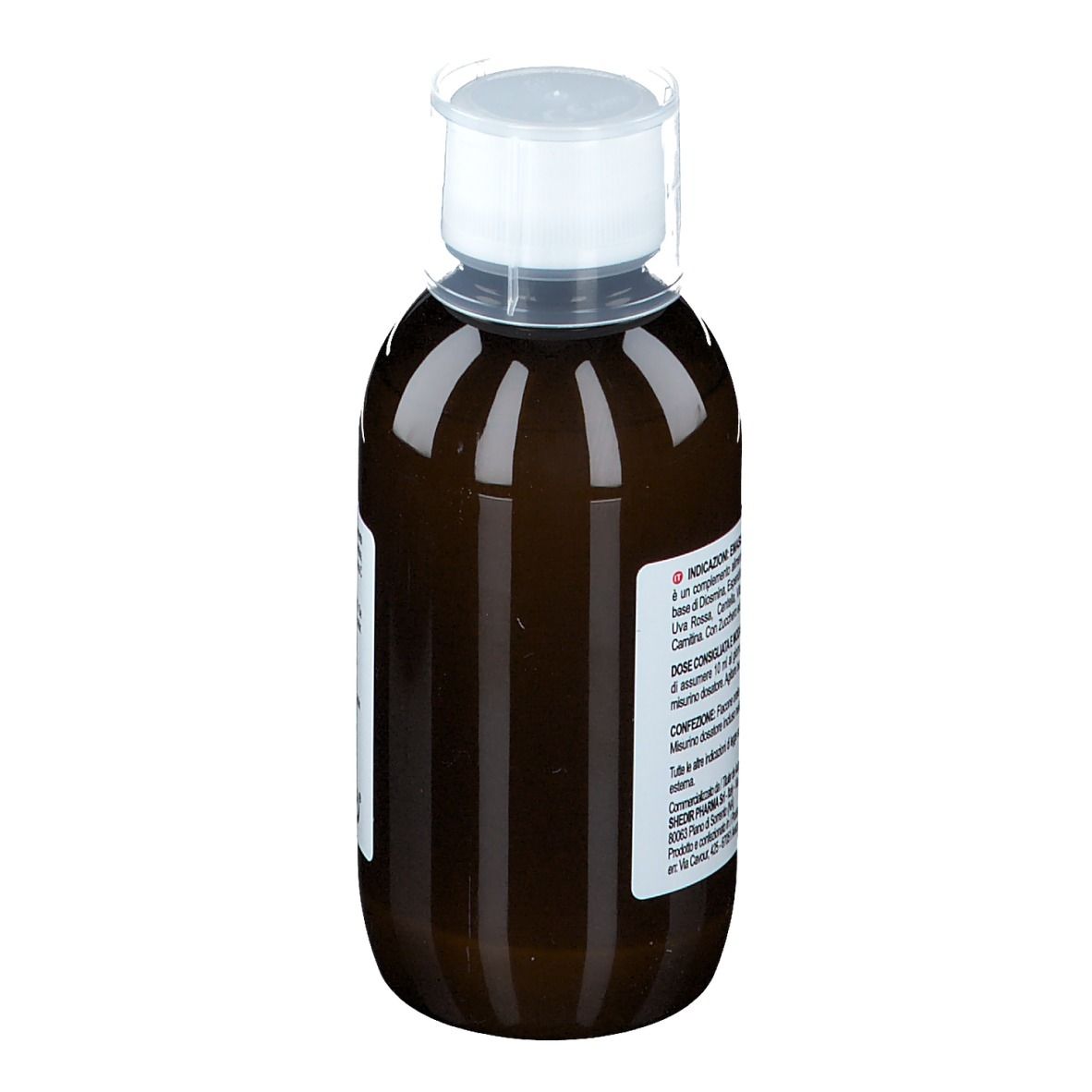Flacon brun avec bouchon blanc. Inscription Emasis. Étiquette avec informations sur le produit.