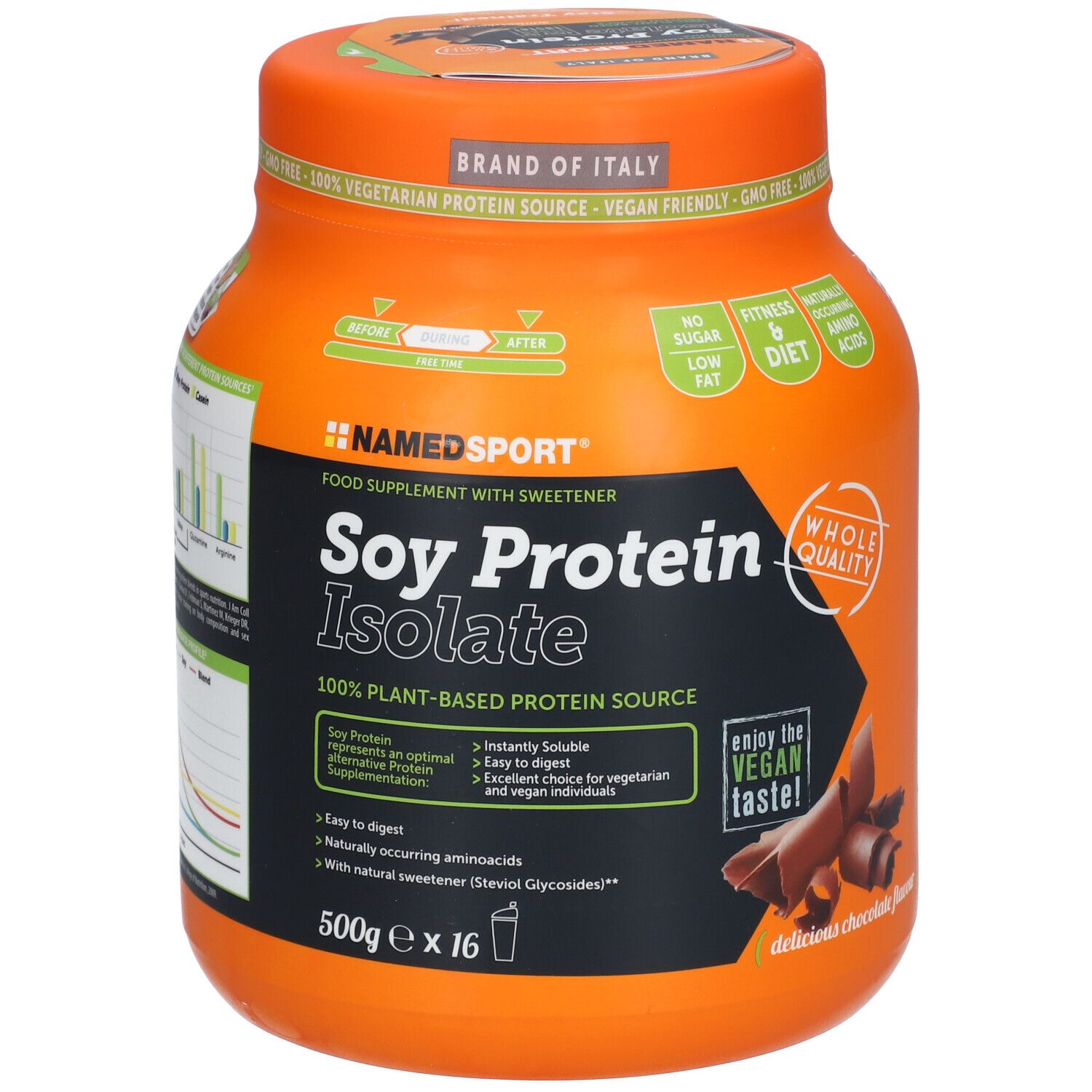 Barattolo arancione con Soy Protein Isolate. Vegano, senza glutine. Con grafici e decorazione cioccolato.