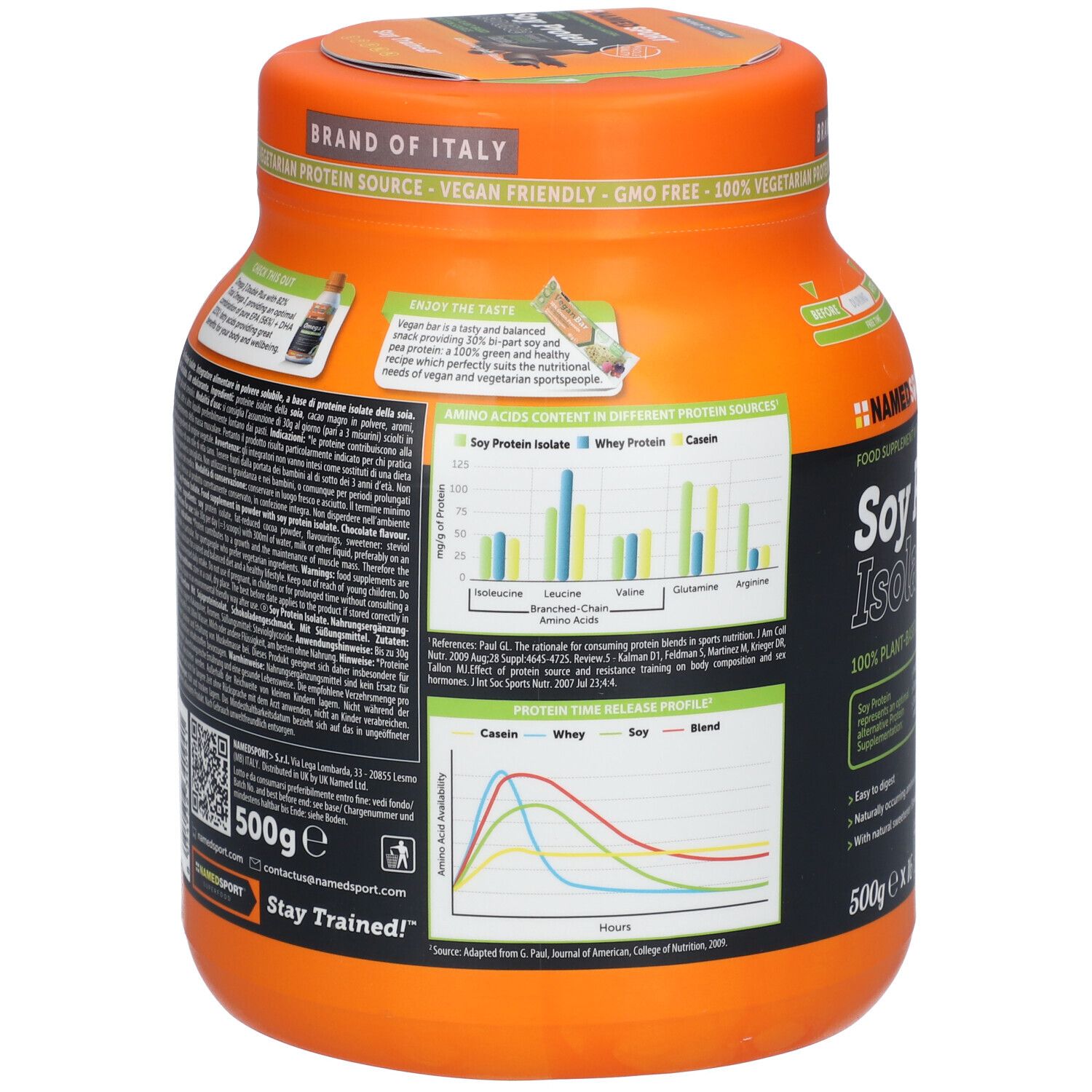 Barattolo arancione con Soy Protein Isolate. Retro con testo e grafici. Vegano, senza glutine.