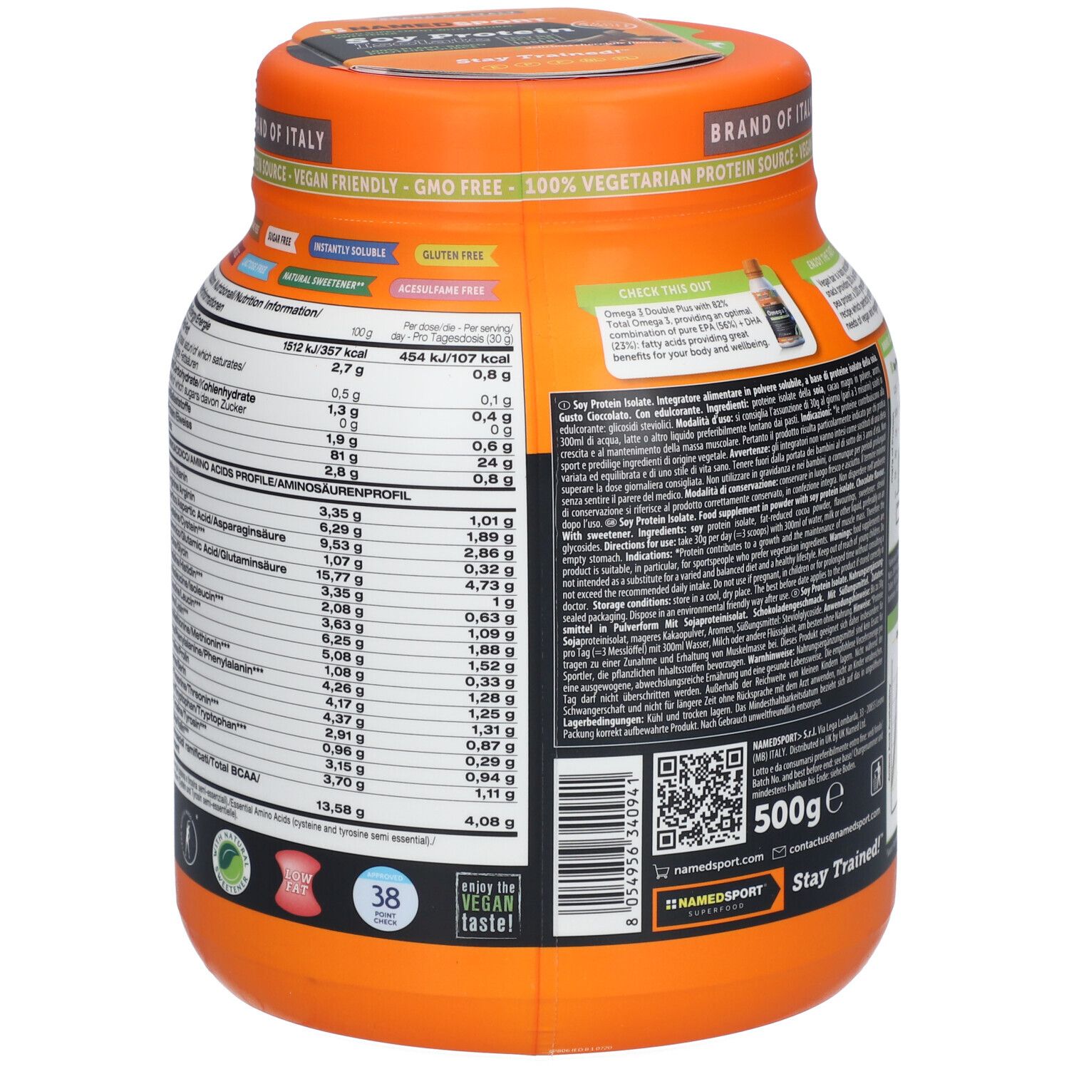 Barattolo arancione con Soy Protein Isolate. Retro con testo e informazioni nutrizionali. Vegano, senza glutine.