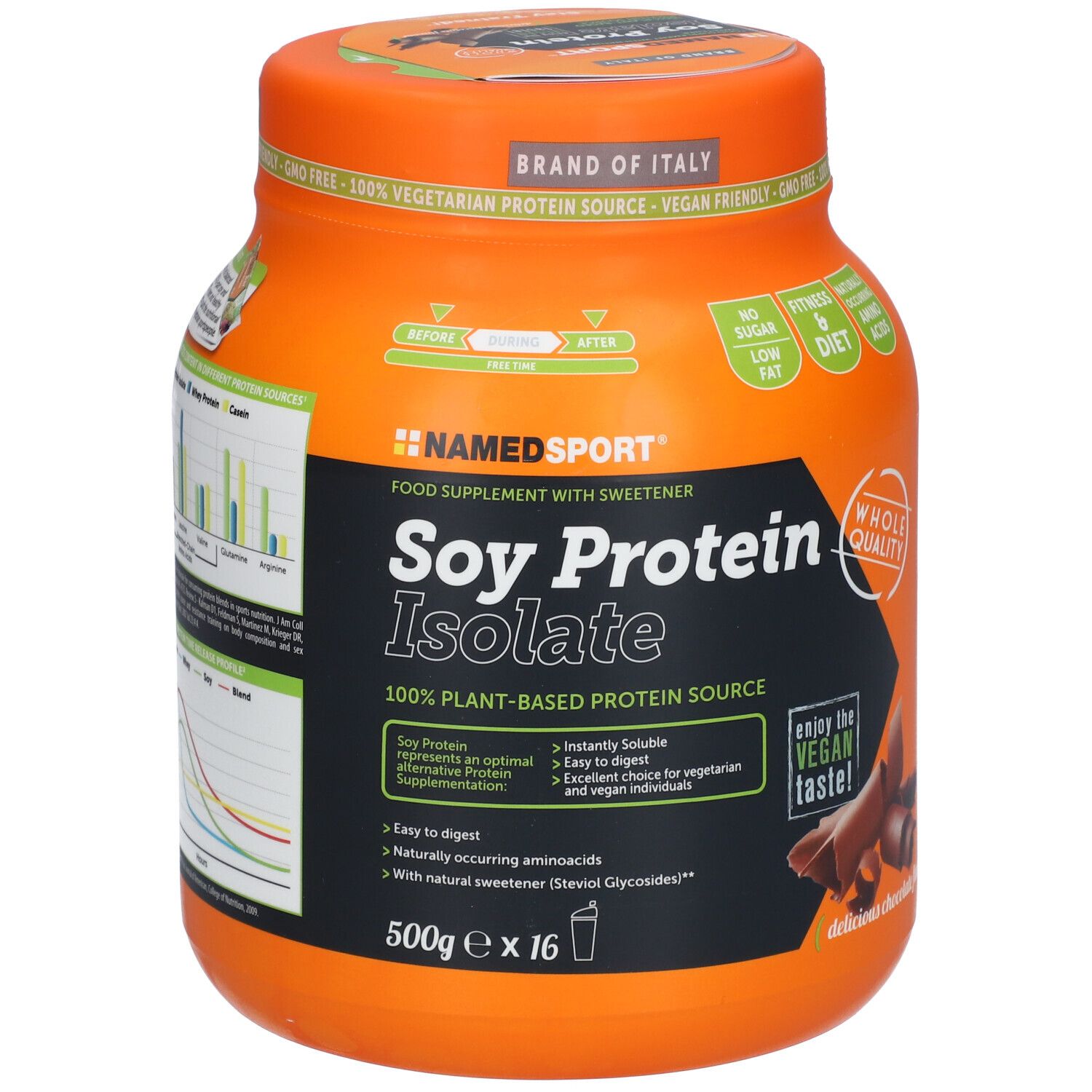 Barattolo arancione con Soy Protein Isolate. Vegano, senza glutine. Con grafici e decorazione cioccolato.