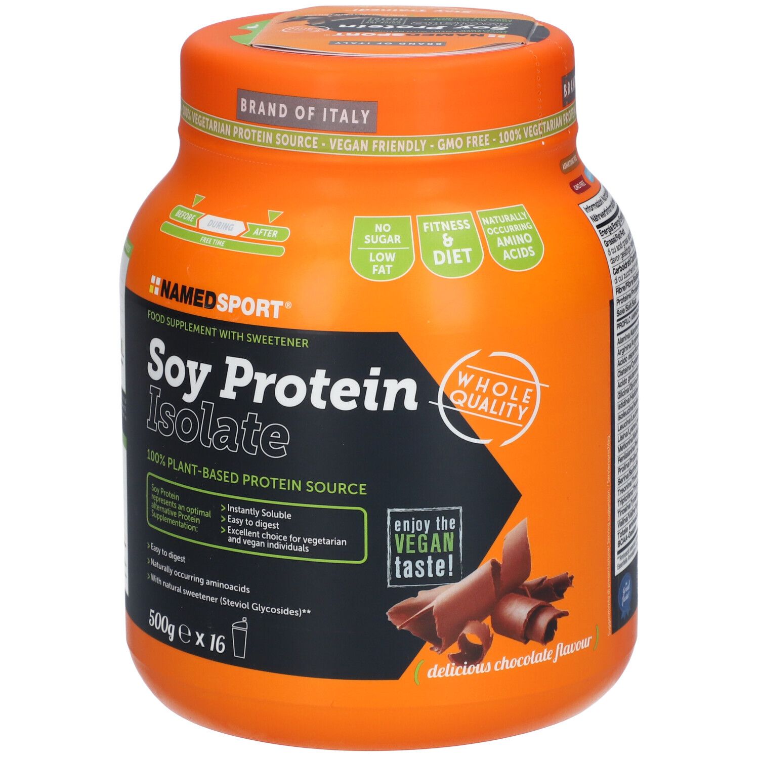 Barattolo arancione con Soy Protein Isolate. Vegano, senza glutine. Con decorazione cioccolato.