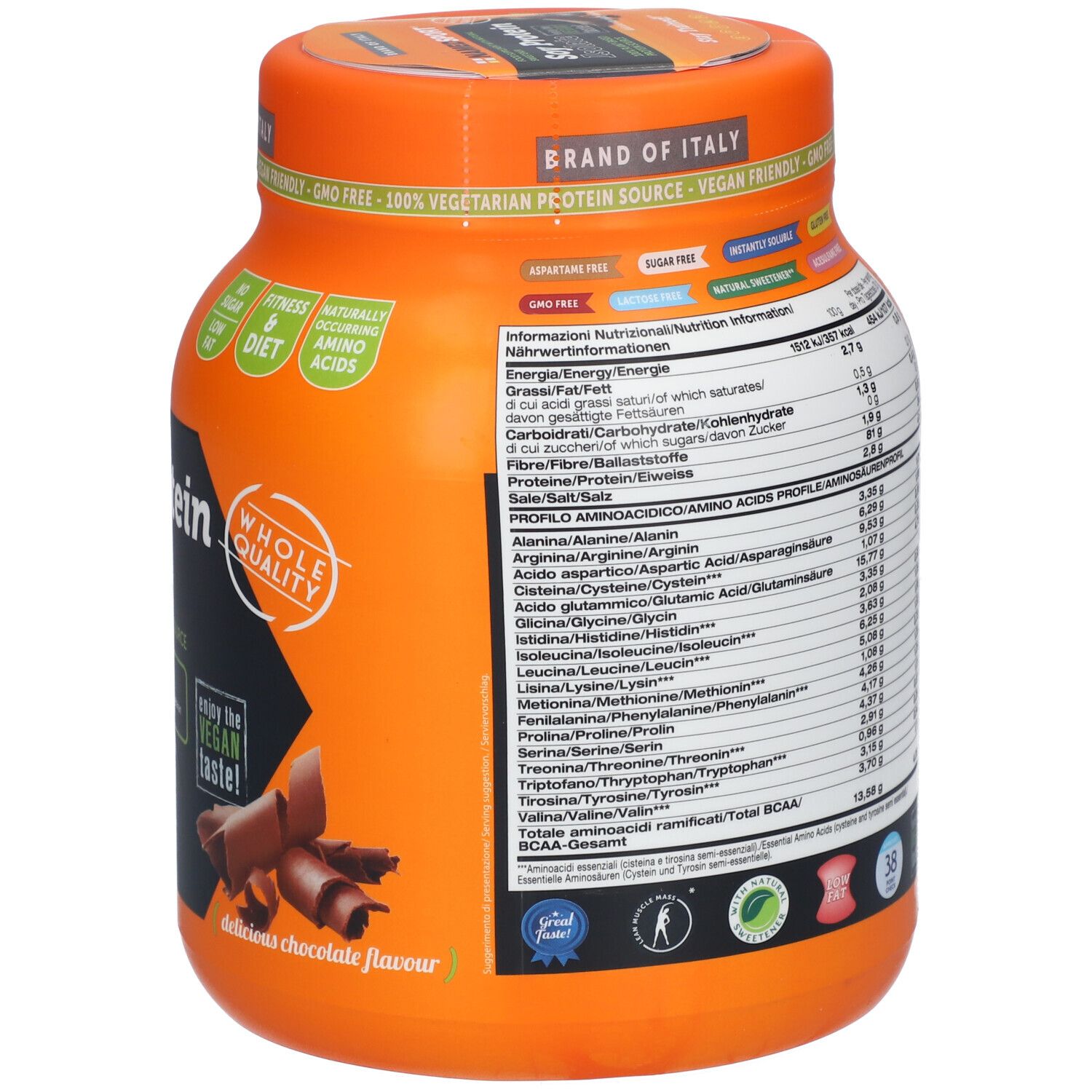 Barattolo arancione con Soy Protein Isolate. Retro con testo e informazioni nutrizionali. Vegano, senza glutine.