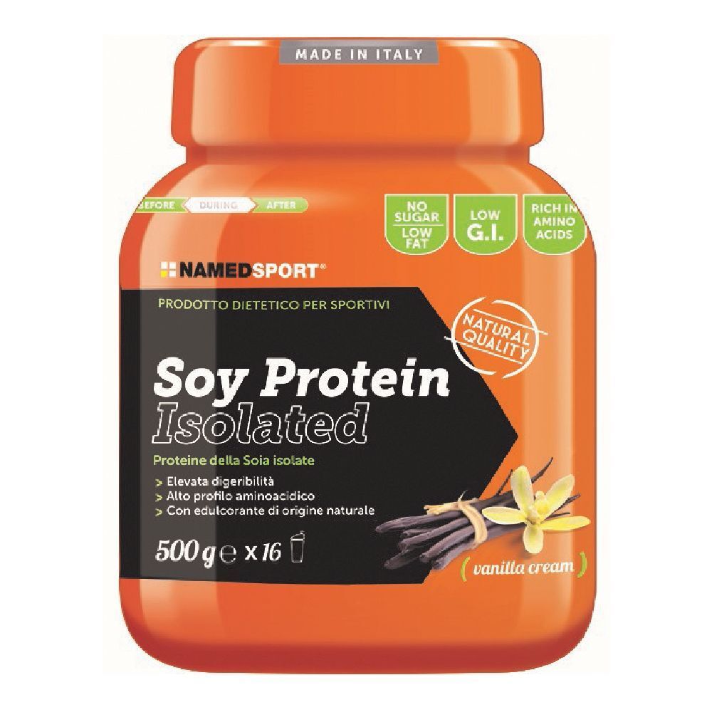 Orangefarbene Dose mit Sojaprotein-Isolat. Aufschrift: NAMEDSPORT, Soy Protein Isolated, Vanille-Sahne-Geschmack. Mit Zertifizierungen.
