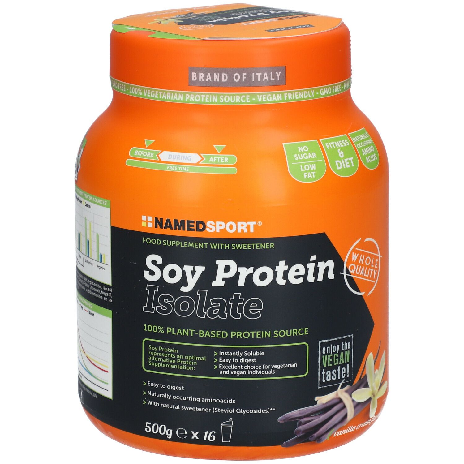 Orangefarbene Dose mit Sojaprotein-Isolat. Aufschrift: NAMEDSPORT, Soy Protein Isolate, 100% pflanzliche Proteinquelle. Mit Zertifizierungen.