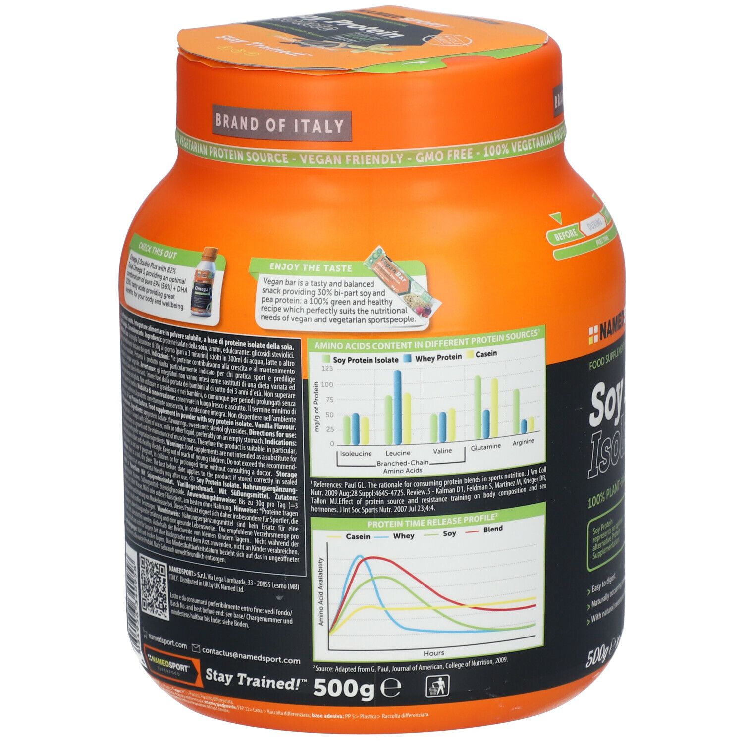 Rückseite einer orangefarbenen Dose mit Sojaprotein-Isolat. Text und Diagramme zeigen Nährwertinformationen und Aminosäuregehalt.