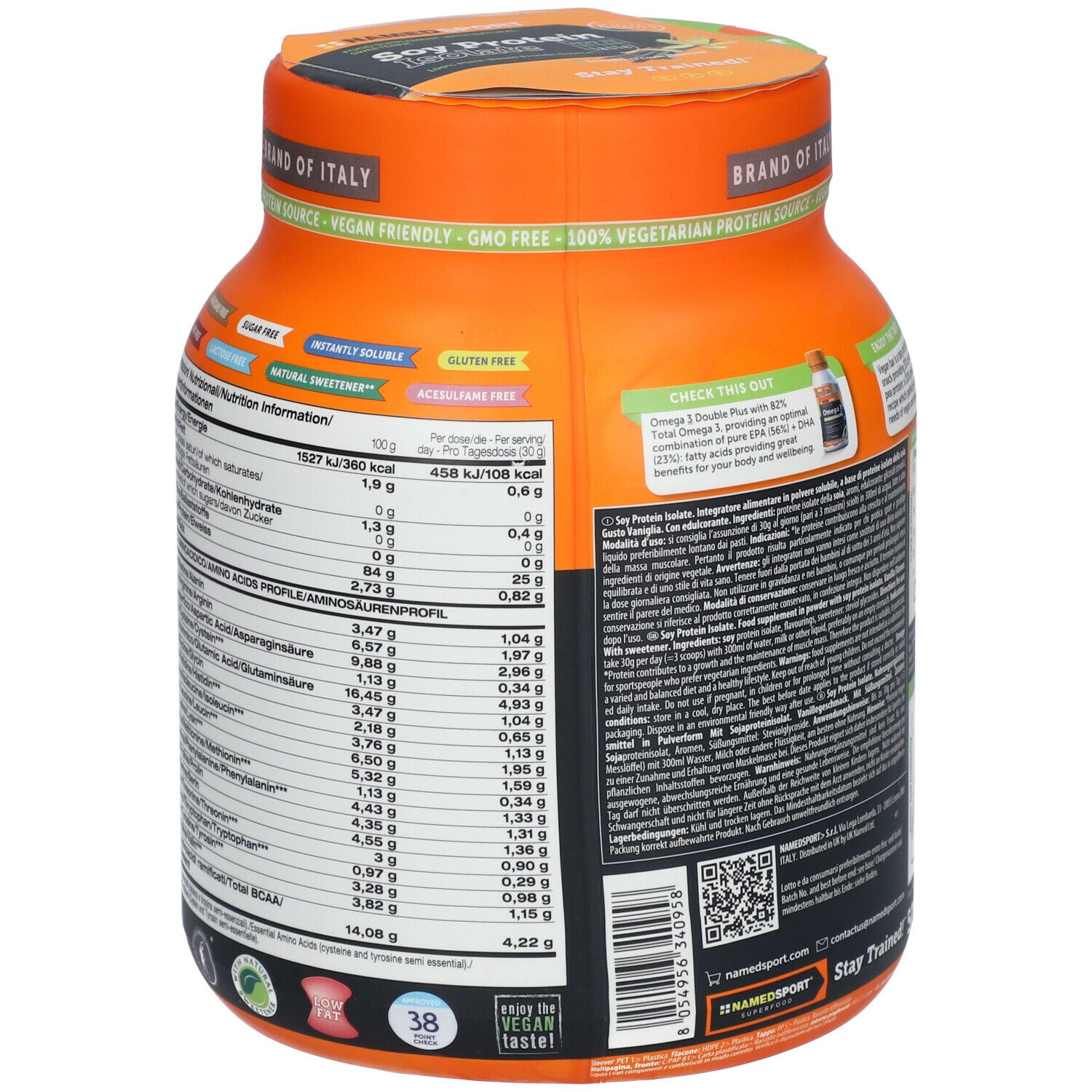 Rückseite einer orangefarbenen Dose mit Sojaprotein-Isolat. Nährwertangaben und Aminosäureprofil sind detailliert aufgeführt.