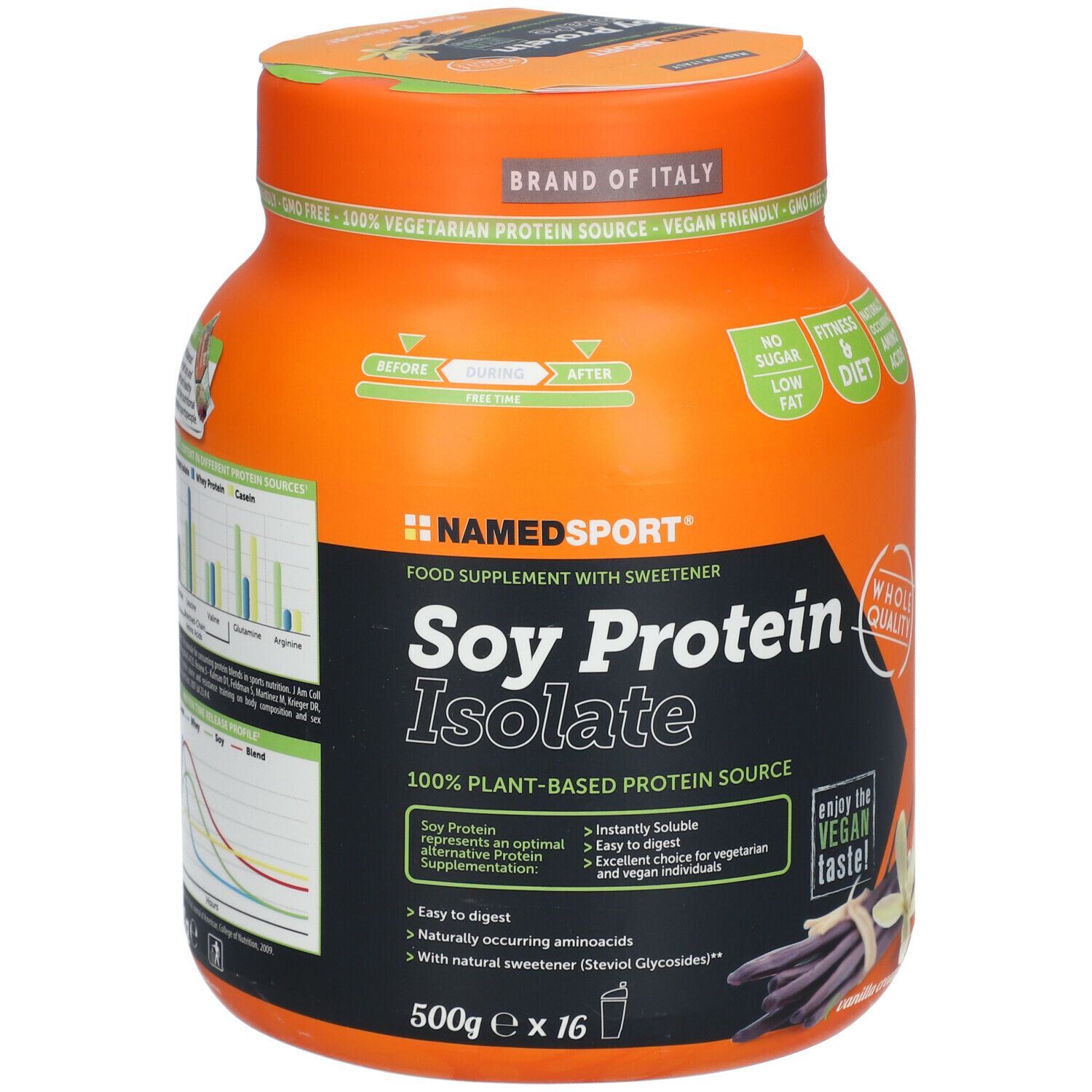 Orangefarbene Dose mit Sojaprotein-Isolat. Aufschrift: NAMEDSPORT, Soy Protein Isolate, 100% pflanzliche Proteinquelle. Mit Zertifizierungen.