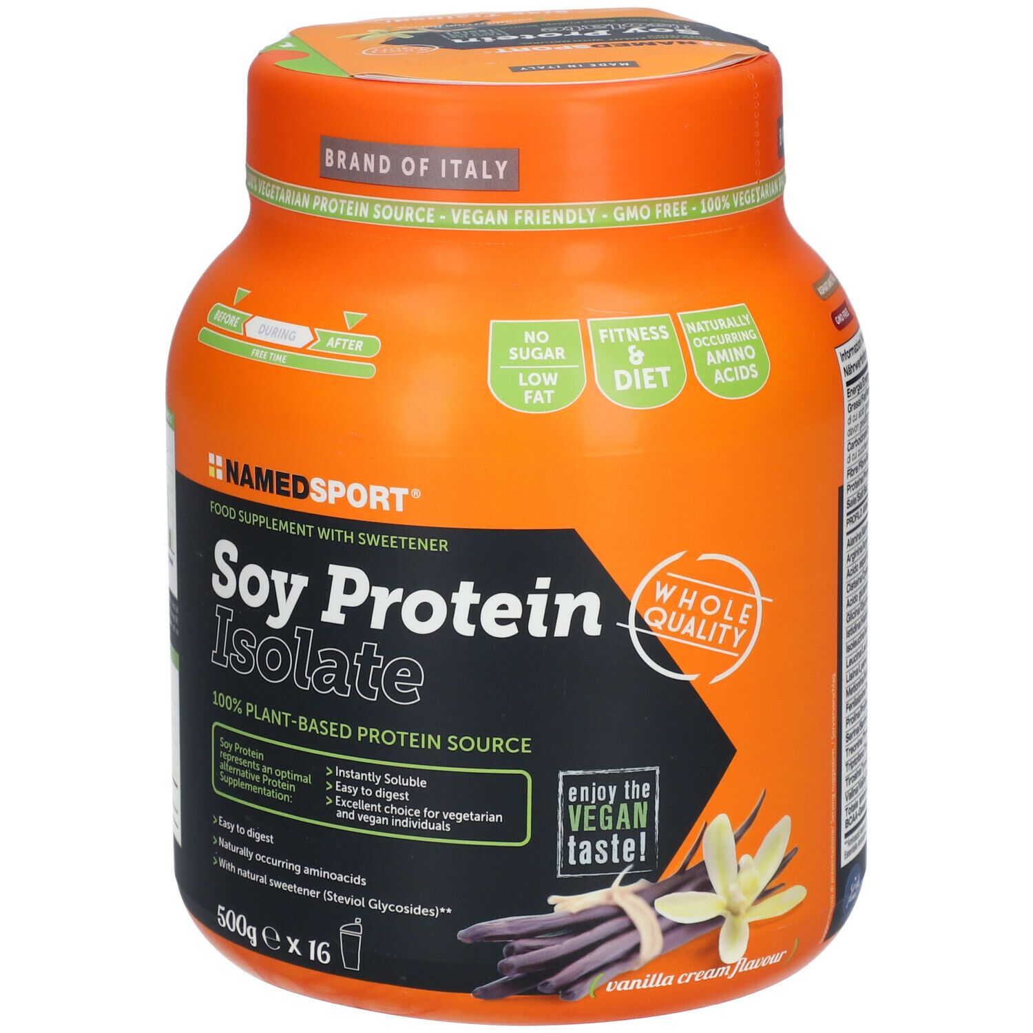 Orangefarbene Dose mit Sojaprotein-Isolat. Aufschrift: NAMEDSPORT, Soy Protein Isolate, 100% pflanzliche Proteinquelle. Mit Zertifizierungen.