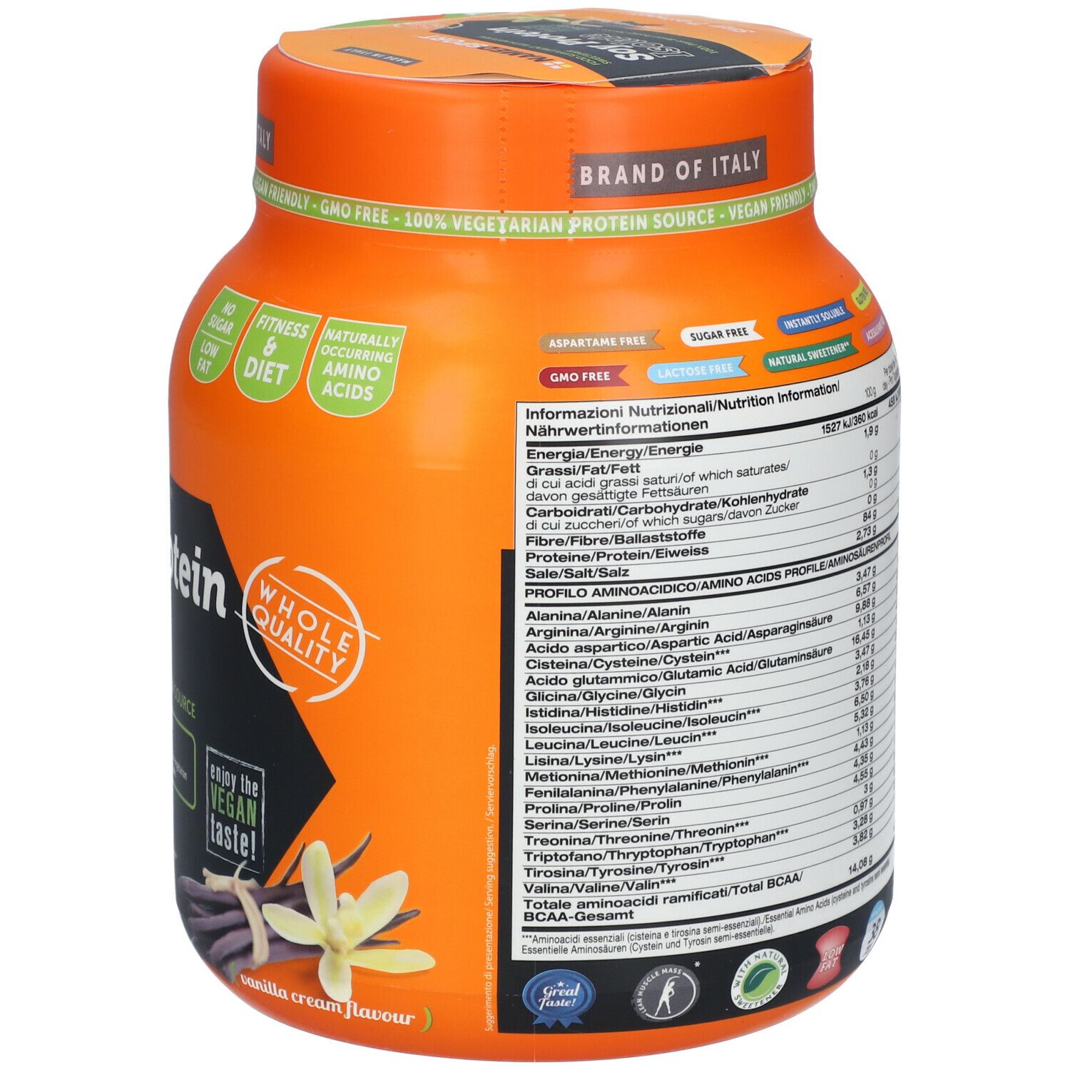 Rückseite einer orangefarbenen Dose mit Sojaprotein-Isolat. Nährwertangaben und Aminosäureprofil sind detailliert aufgeführt.