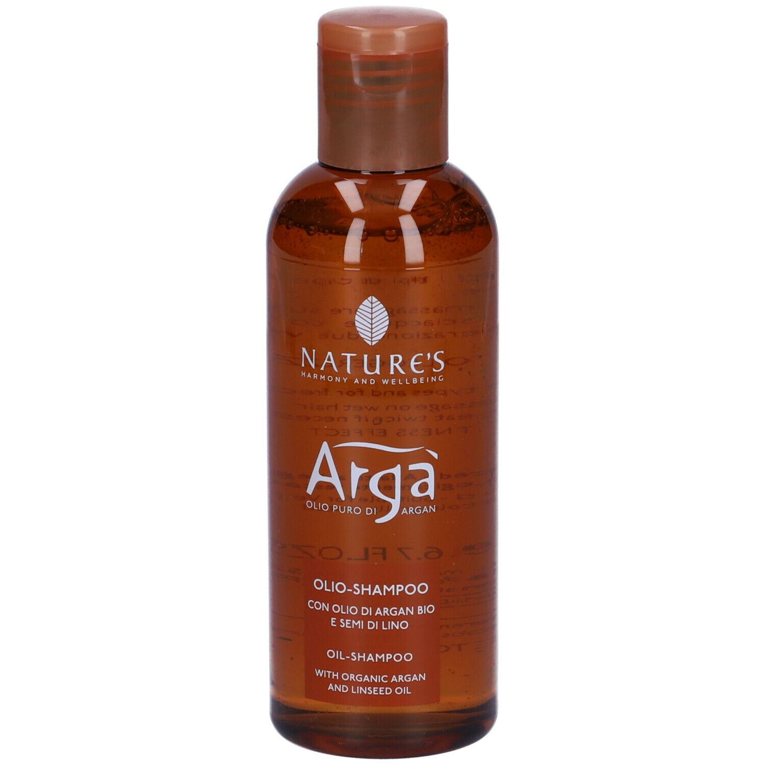 Flacone marrone con tappo marrone. Scritta: Arga, Olio-Shampoo. Marchio: Nature's.