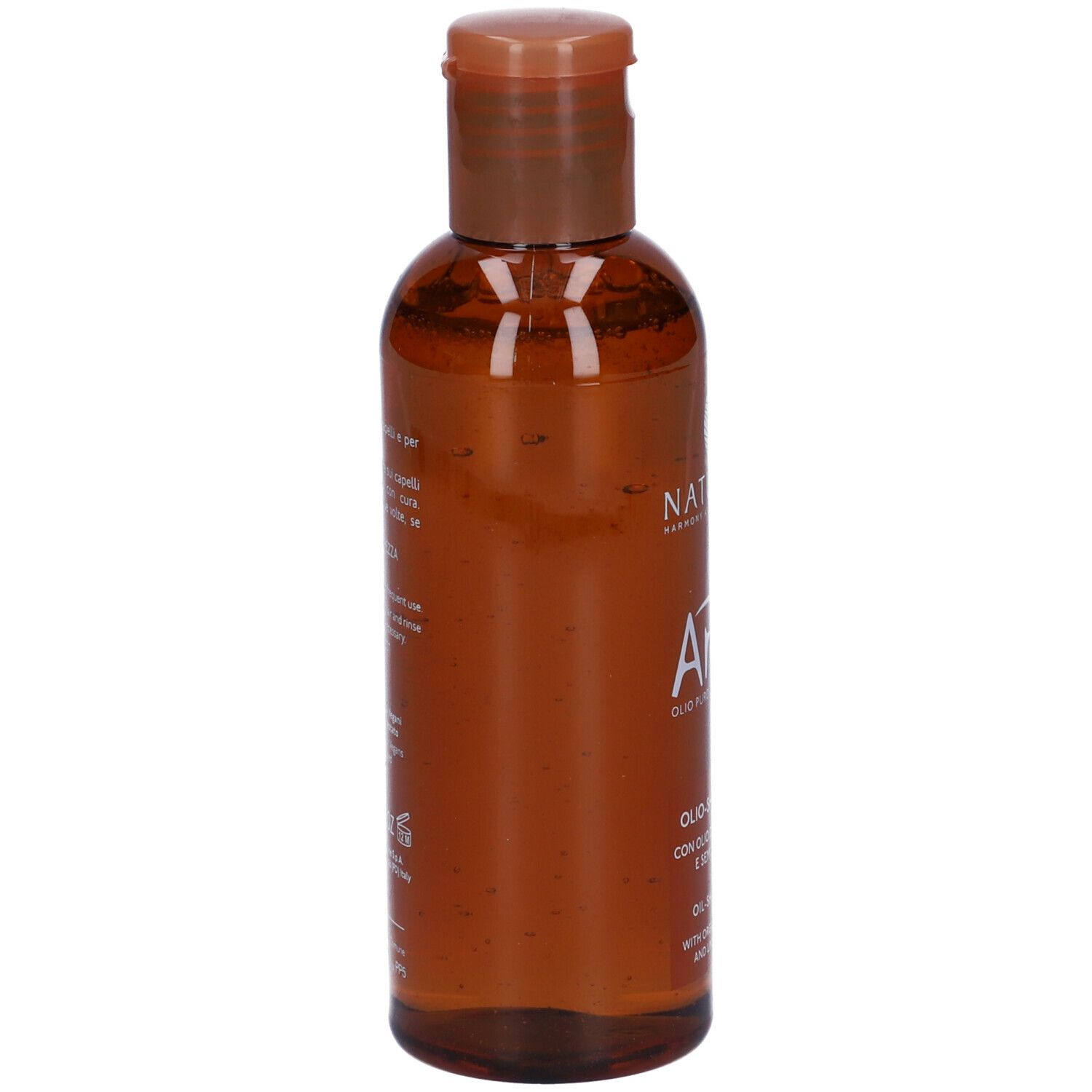 Flacone marrone con tappo marrone. Scritta: Arga, Olio-Shampoo. Marchio: Nature's.