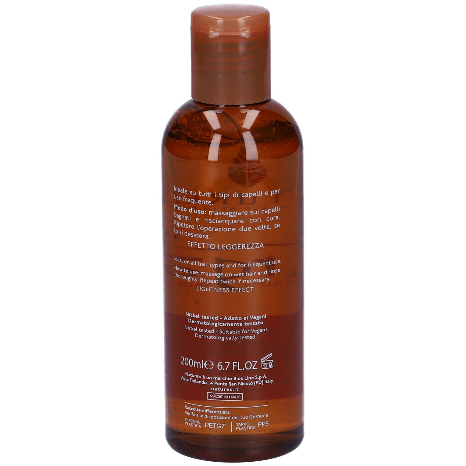 Flacone marrone con tappo marrone. Testo in italiano e inglese. Volume: 200ml.