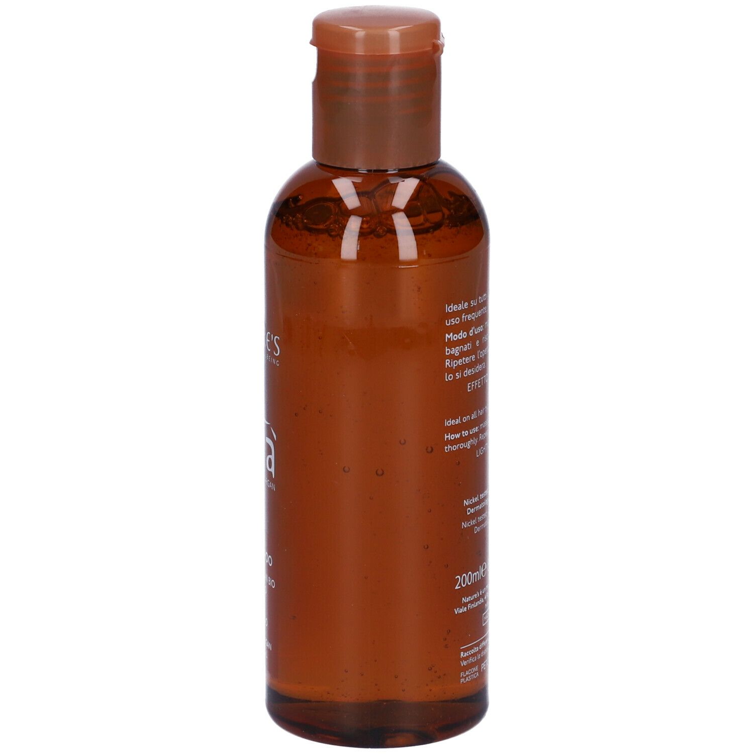 Flacone marrone con tappo marrone. Testo in italiano e inglese. Volume: 200ml.