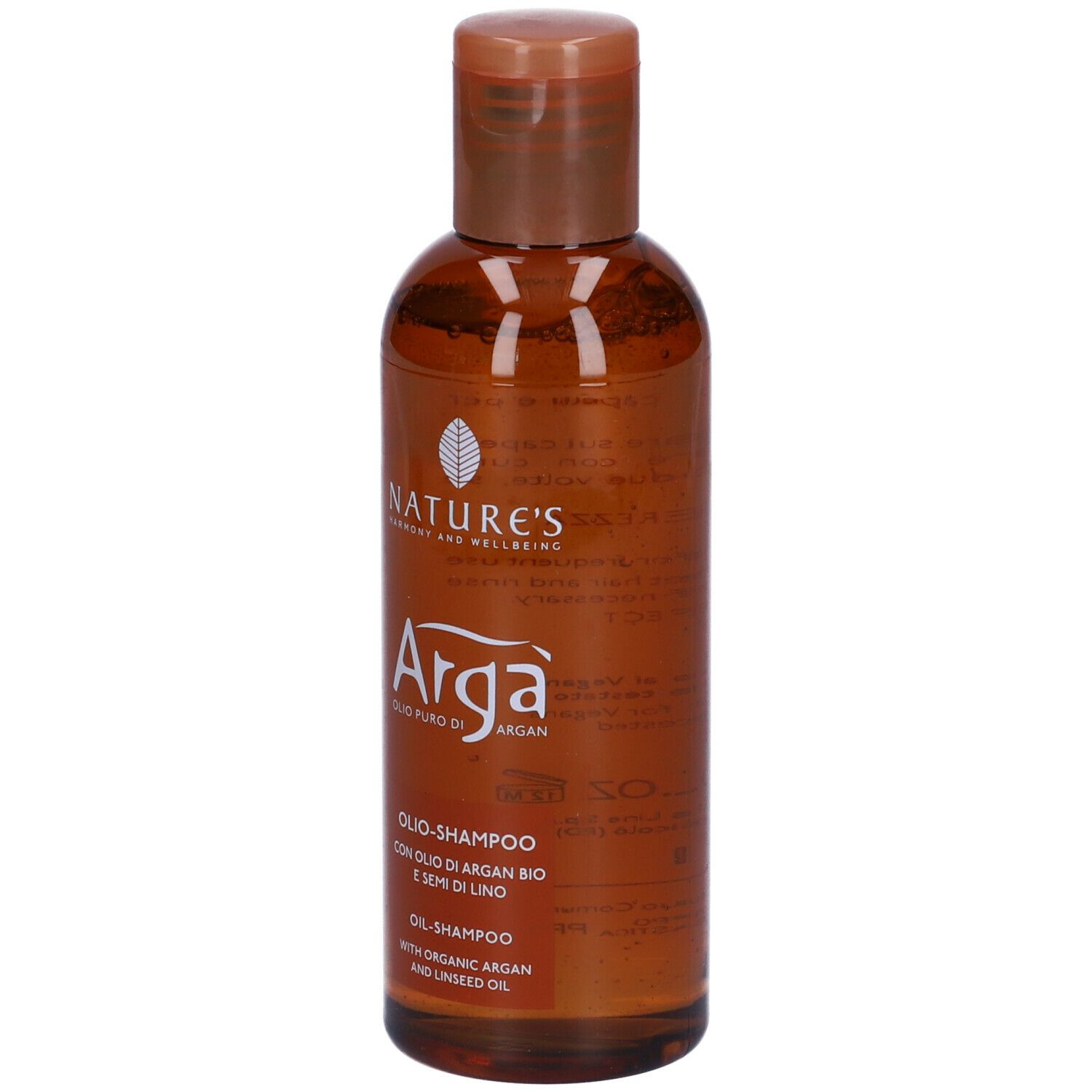 Flacone marrone con tappo marrone. Scritta: Arga, Olio-Shampoo. Marchio: Nature's.
