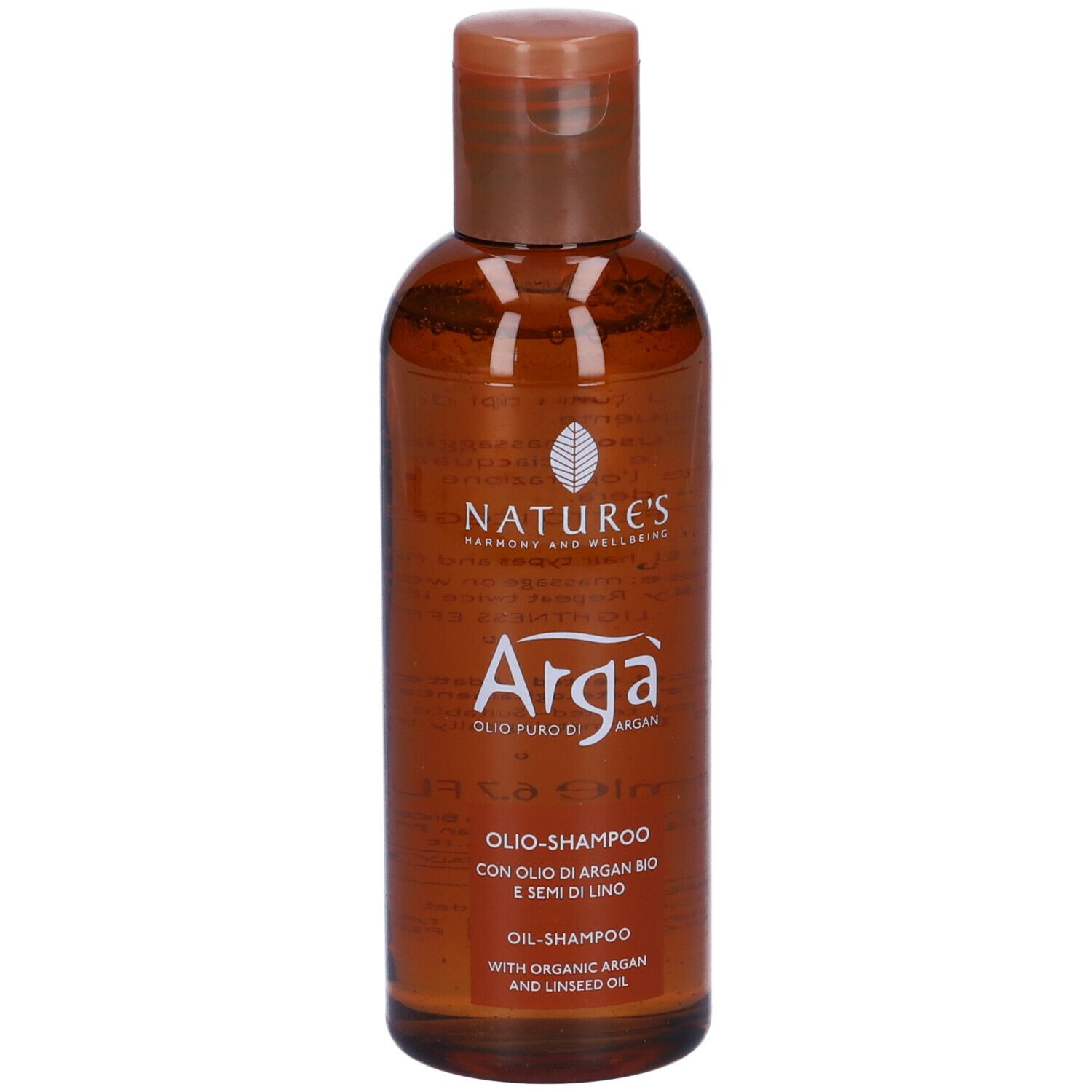 Flacone marrone con tappo marrone. Scritta: Arga, Olio-Shampoo. Marchio: Nature's.