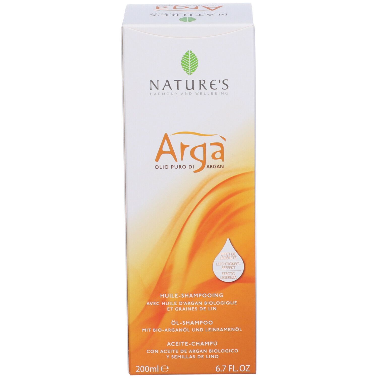 Confezione del prodotto. Scritta: Arga, Olio Puro di Argan. Marchio: Nature's. Volume: 200ml.