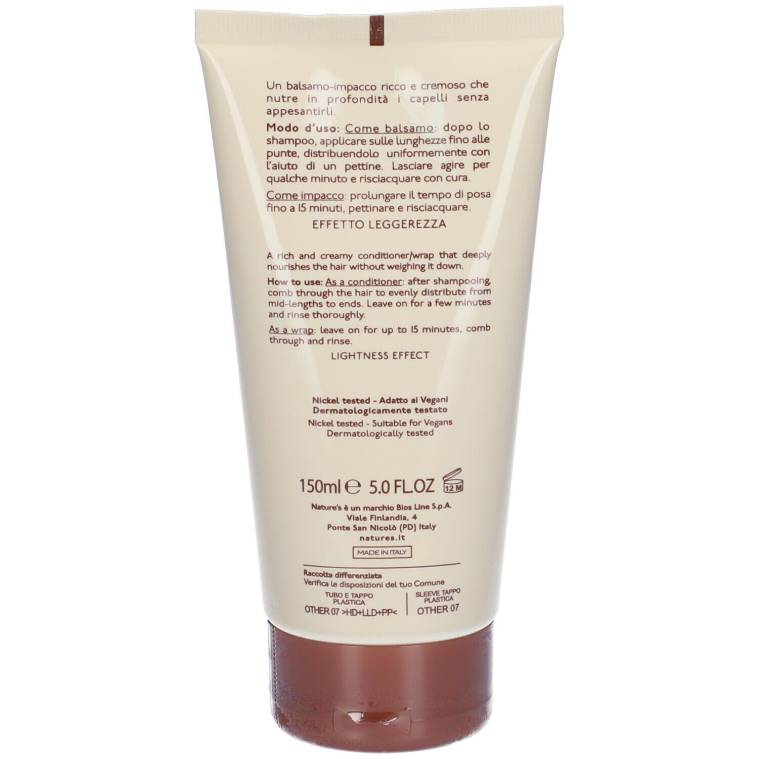 Retro del tubo. Testo in italiano e inglese. Informazioni sull'uso e sugli ingredienti. Testato al nichel e dermatologicamente.
