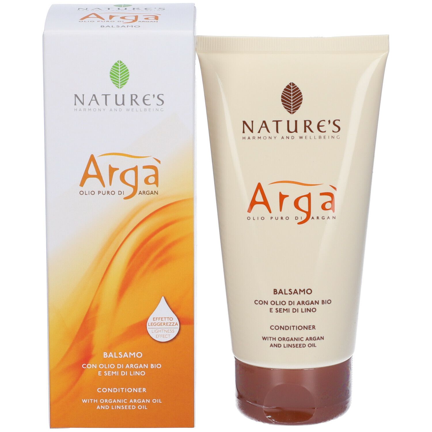 Prodotto e confezione. Tubo e scatola. Scritte: NATURE'S, Arga, Balsamo, Conditioner. Contiene olio di argan bio e semi di lino.