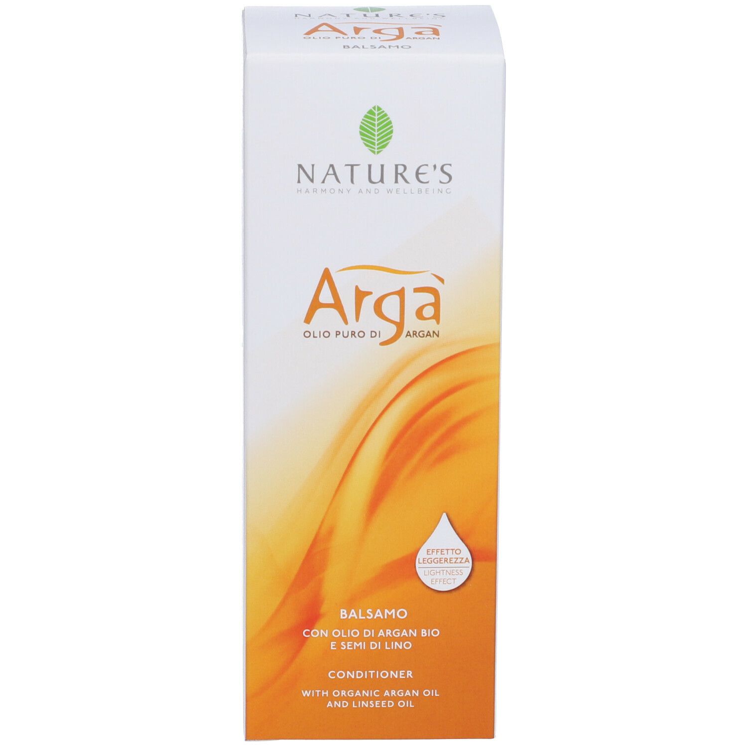 Scatola bianca con sfondo arancione. Scritte: NATURE'S, Arga, Balsamo, Conditioner. Contiene olio di argan bio e semi di lino.