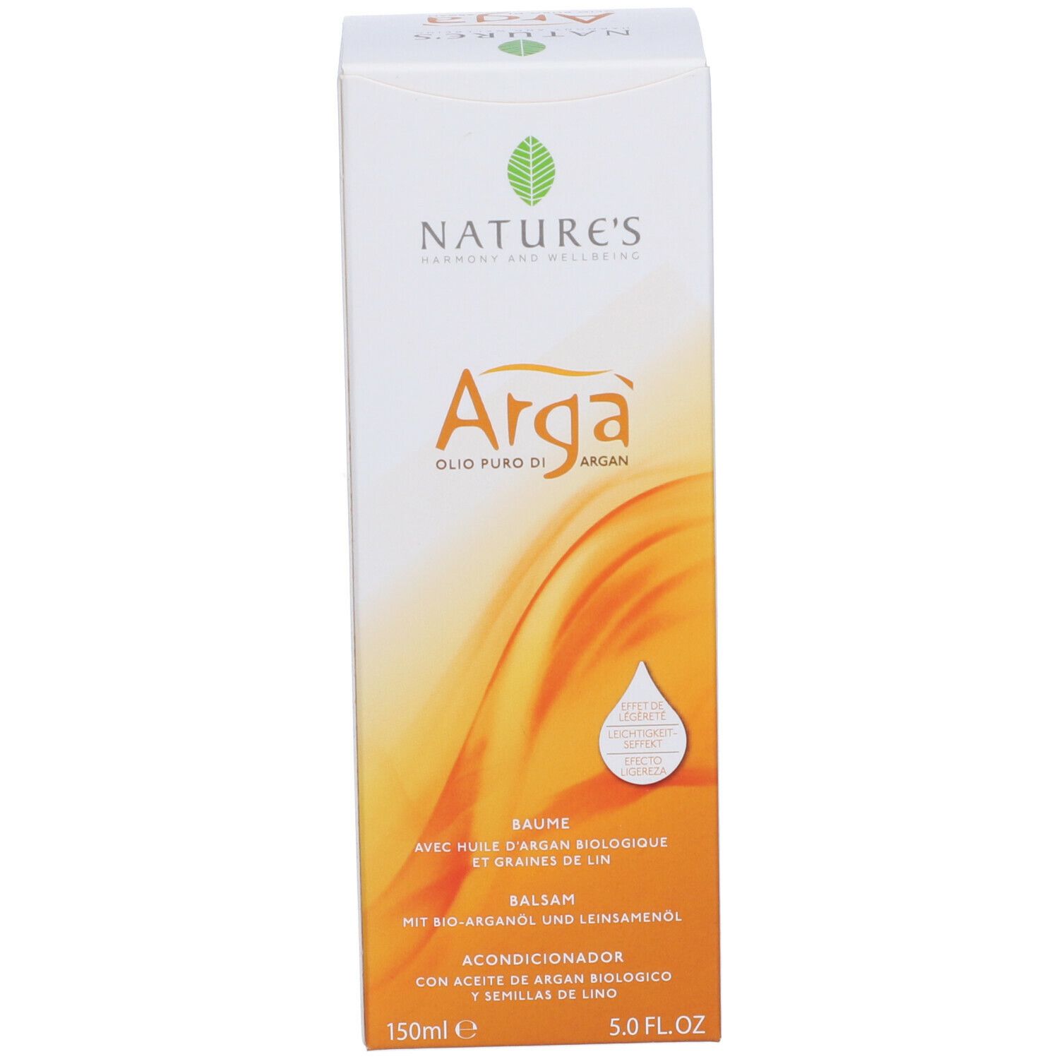 Scatola con nome del prodotto e ingredienti. Scritte: NATURE'S, Arga, Balsamo, Conditioner. Contiene olio di argan bio e semi di lino.