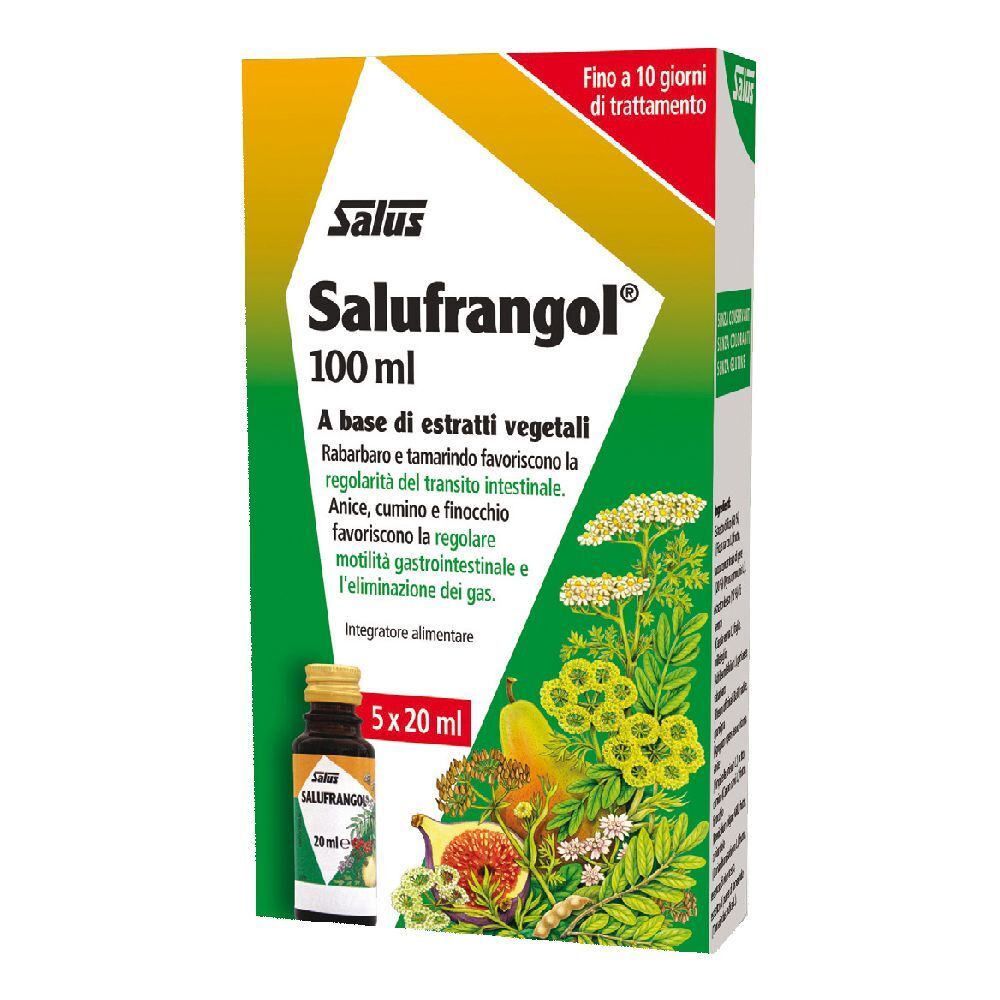 Confezione di Salufrangol®. Contiene 5 flaconcini da 20 ml. Scritta: « A base di estratti vegetali ».