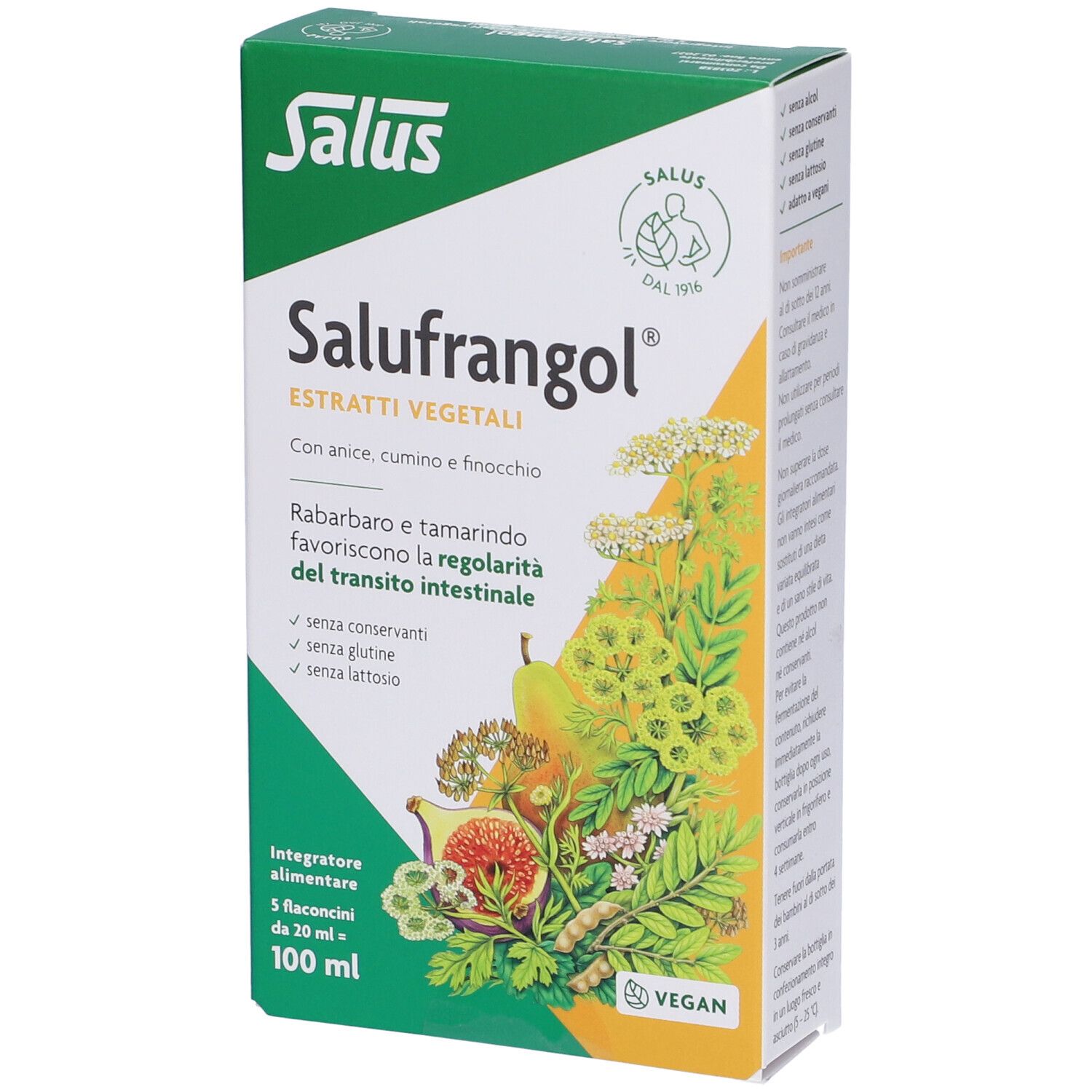 Confezione Salufrangol®. Verde e bianca. Scritta: « Estratti vegetali ». Contiene 5 flaconcini da 20 ml.