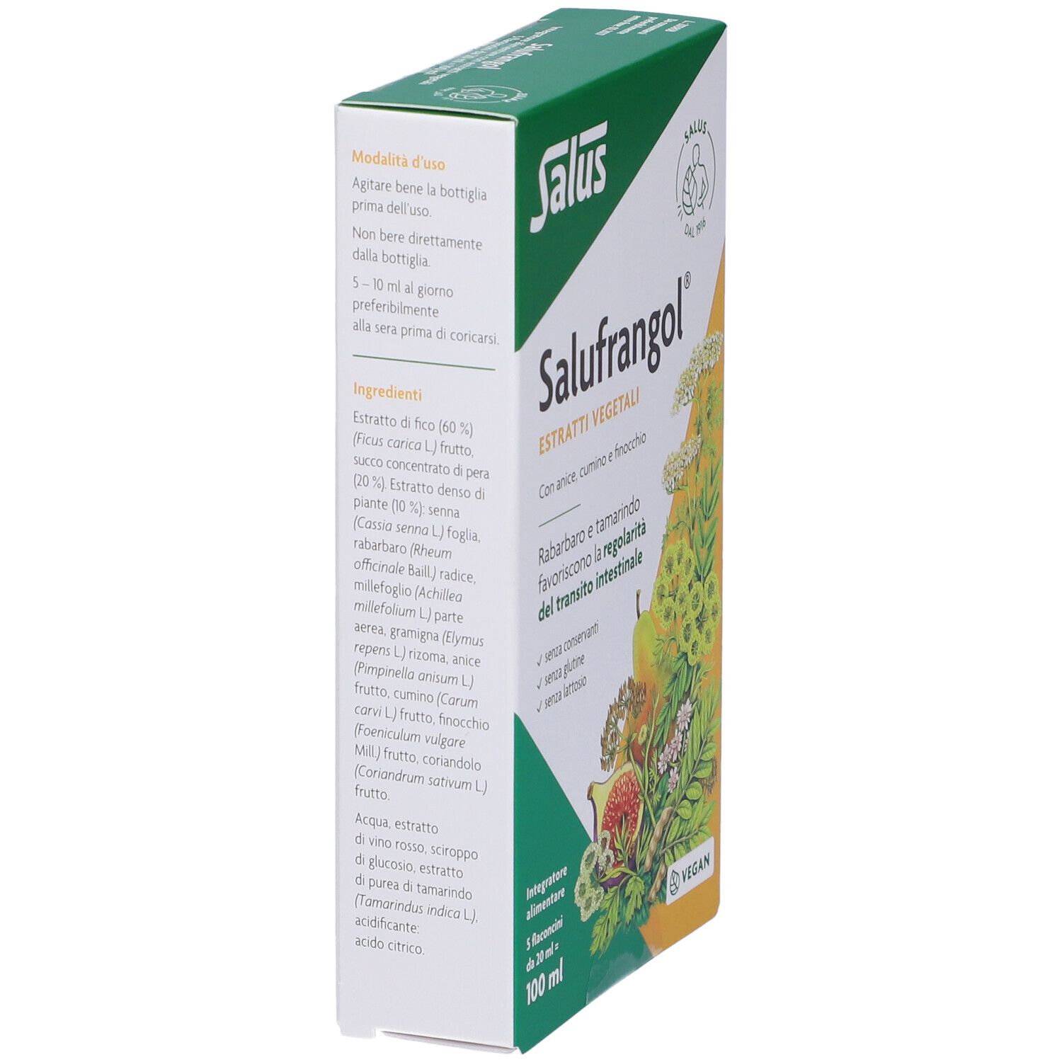 Confezione Salufrangol®. Scritta: « Estratti vegetali ». Contiene 5 flaconcini da 20 ml. Vegan.