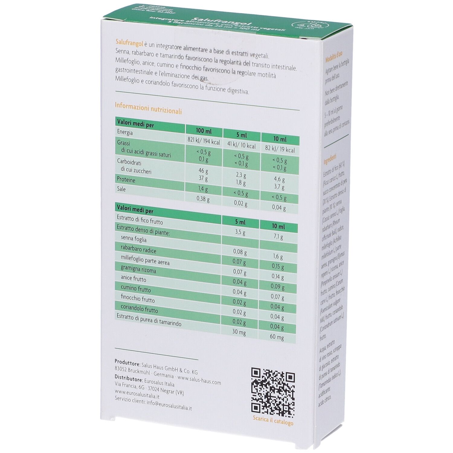 Confezione Salufrangol®. Vista laterale. Scritta: « Estratti vegetali ». Ingredienti e tabella nutrizionale.