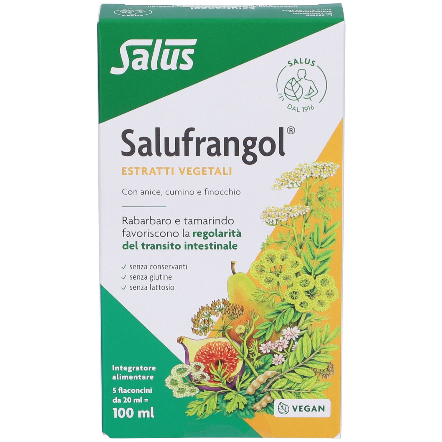 Confezione Salufrangol®. Verde e bianca. Scritta: « Estratti vegetali ». Contiene 5 flaconcini da 20 ml.