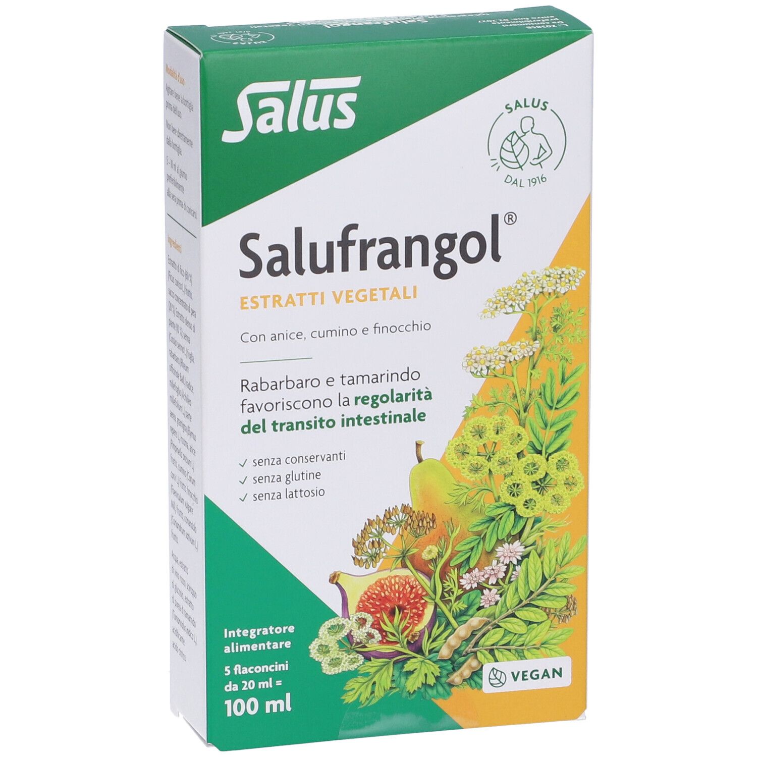 Confezione Salufrangol®. Verde e bianca. Scritta: « Estratti vegetali ». Contiene 5 flaconcini da 20 ml.