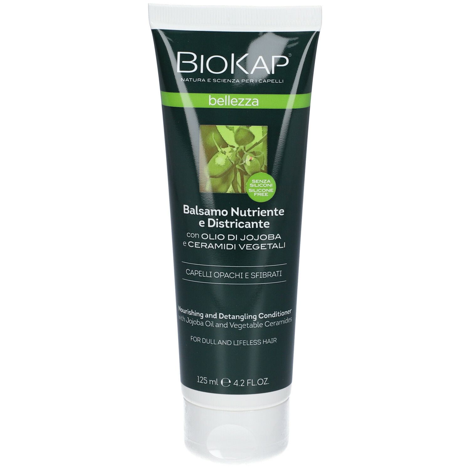 BioKap Balsamo Nutriente e Districante. Tubo. Verde e bianco. Testo: Balsamo Nutriente e Districante, 125 ml.