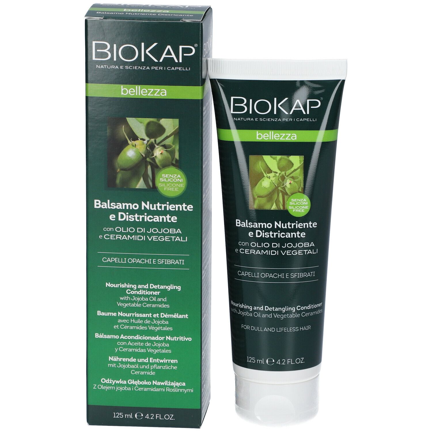 BioKap Balsamo Nutriente e Districante. Tubo e confezione. Verde e bianco. Testo: Balsamo Nutriente e Districante, 125 ml.