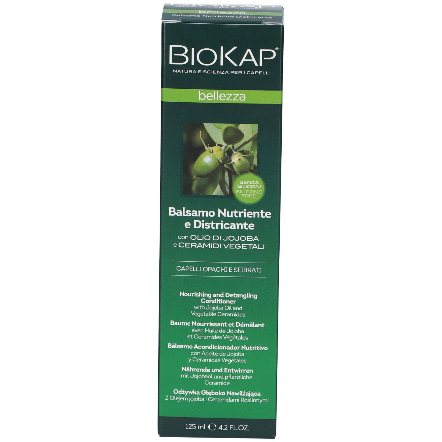 Confezione di BioKap Balsamo Nutriente e Districante. Verde e bianco. Testo: Balsamo Nutriente e Districante, 125 ml.