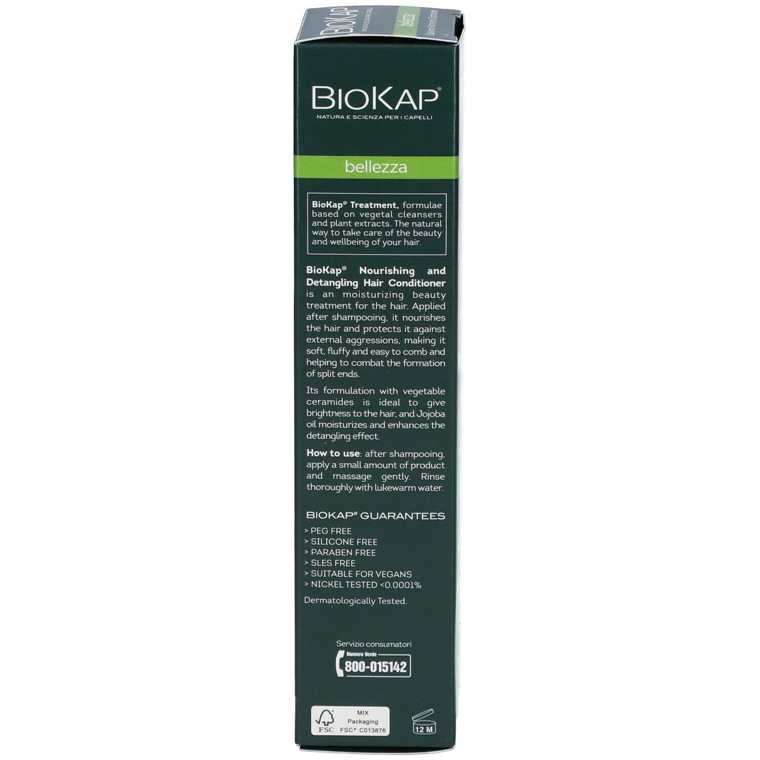 Lato della confezione BioKap Balsamo Nutriente e Districante. Testo: ingredienti, modo d'uso, garanzie.
