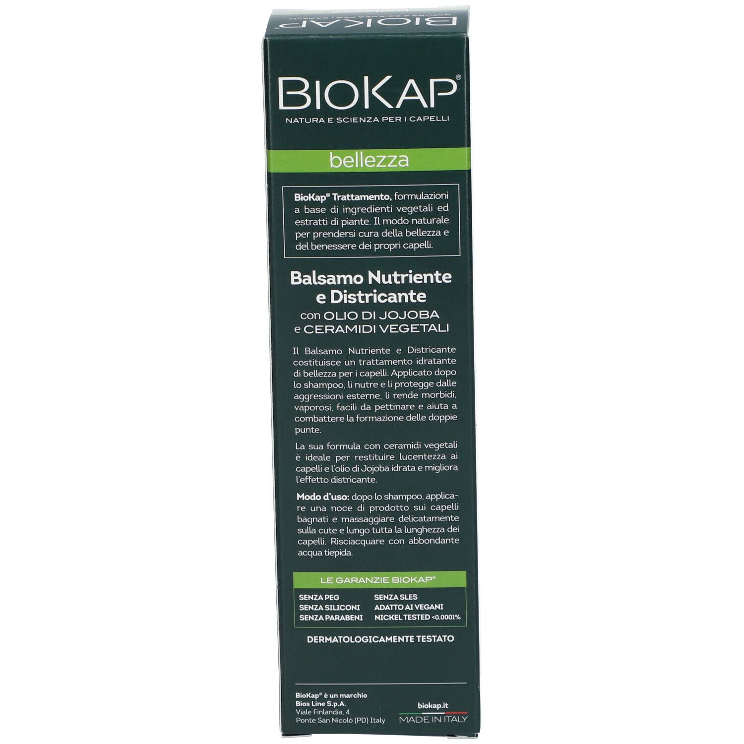 Lato della confezione BioKap Balsamo Nutriente e Districante. Testo: ingredienti, modo d'uso, garanzie.