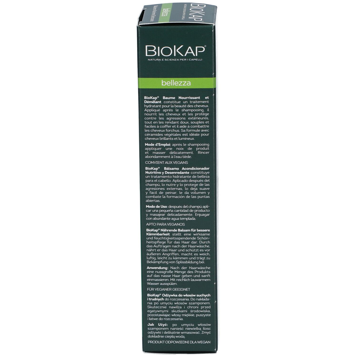 Lato della confezione BioKap Balsamo Nutriente e Districante. Testo: ingredienti, modo d'uso, garanzie.